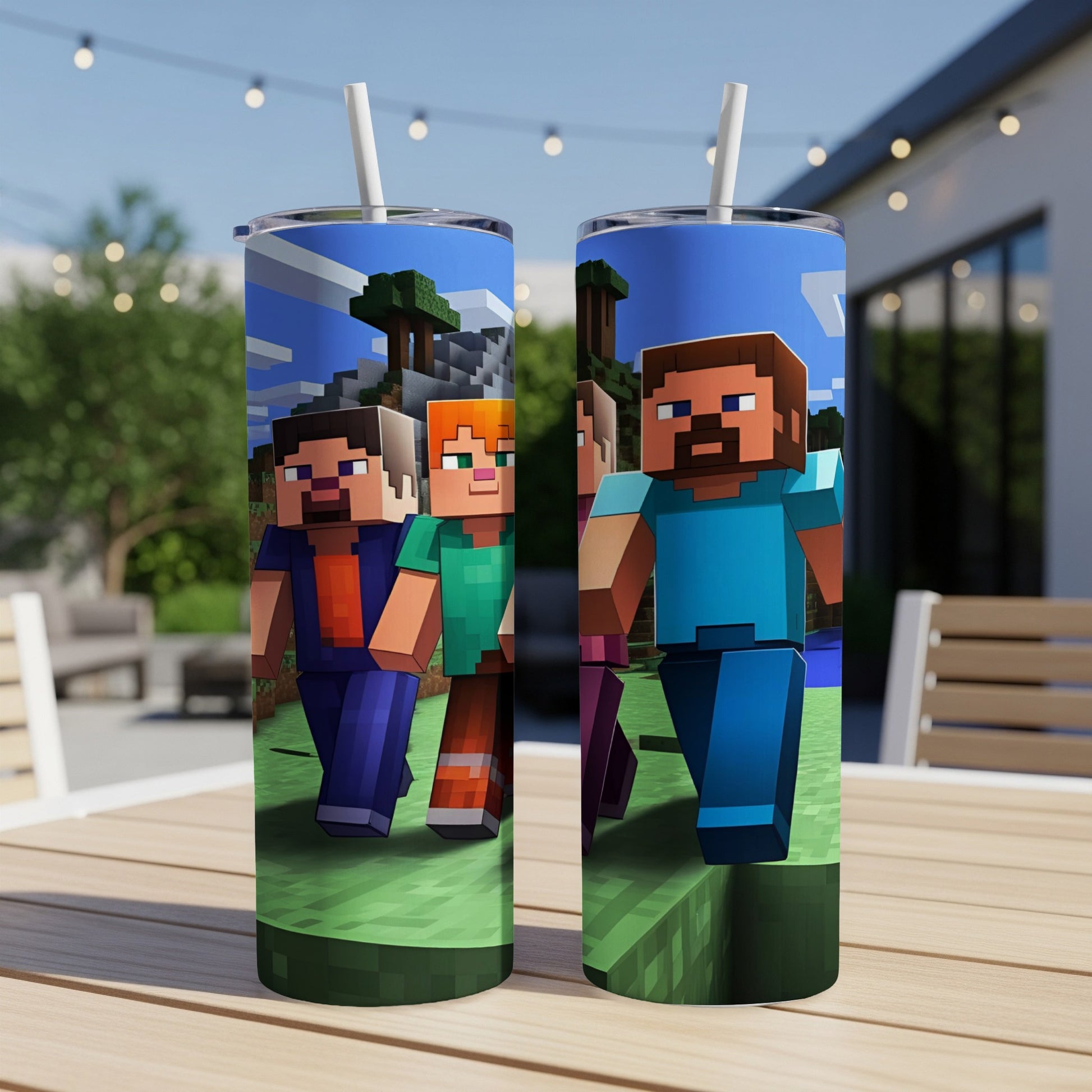 Two Minecraft characters walking on green grass, with a blue sky and trees.