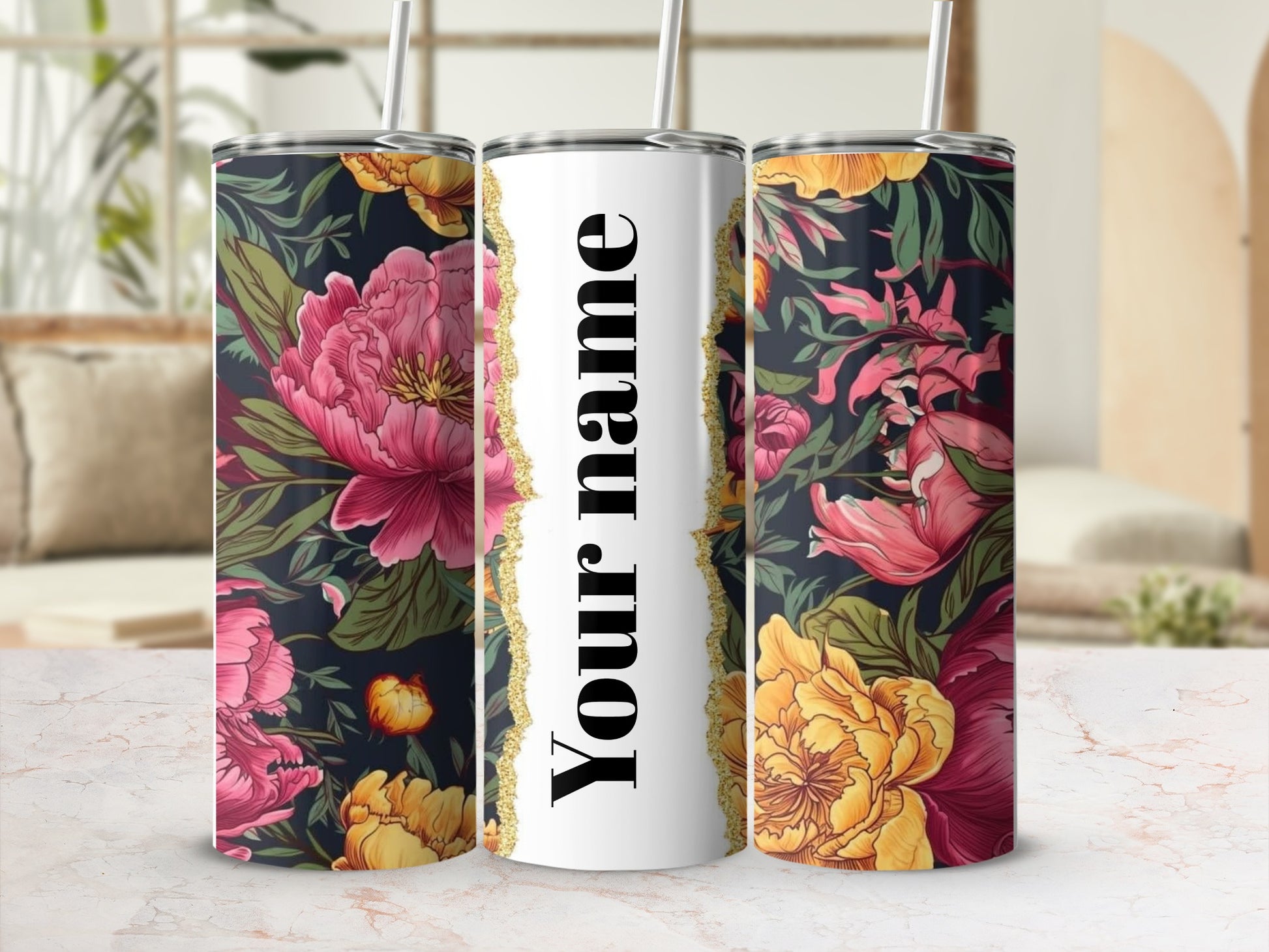 Personalized Floral Pattern Tumbler with Custom Name