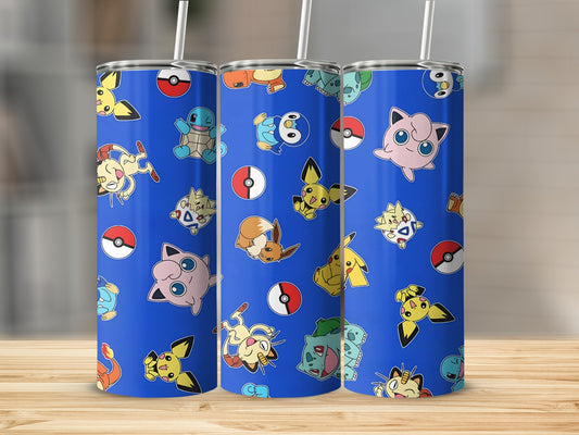 Cute Cartoon Characters and Poké Balls Print Tumbler