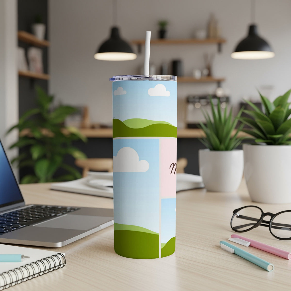 Tumbler with sky, clouds, and rolling green hills design and "Mom" text.