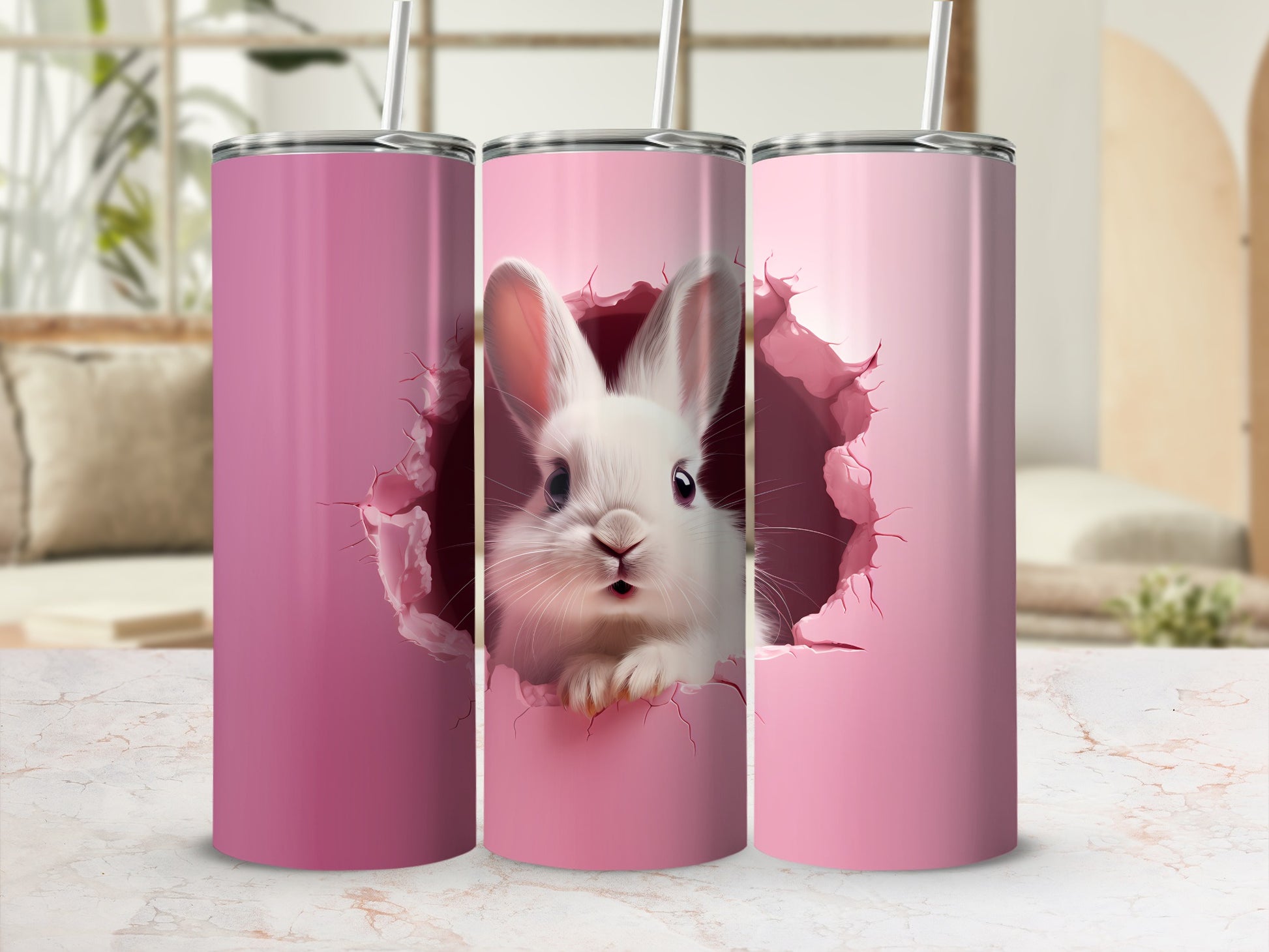 Pink Tumbler with Adorable Bunny Design Cup Tumbler