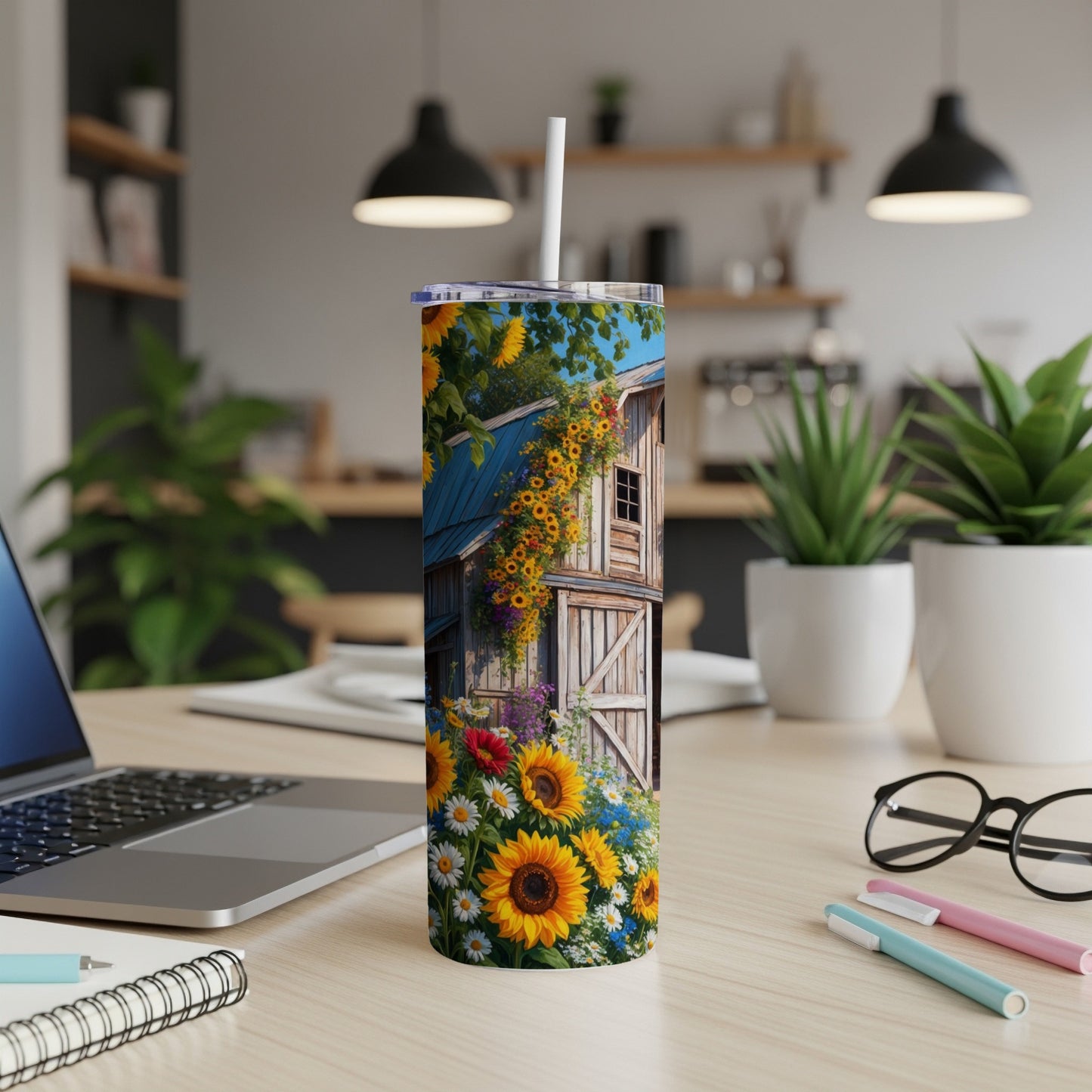 Tall tumbler with sunflowers and a rustic barn design.