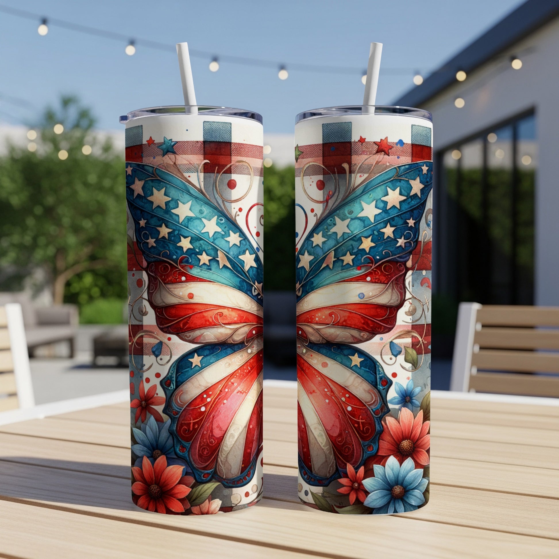 American flag butterfly wings design on two tall tumblers.