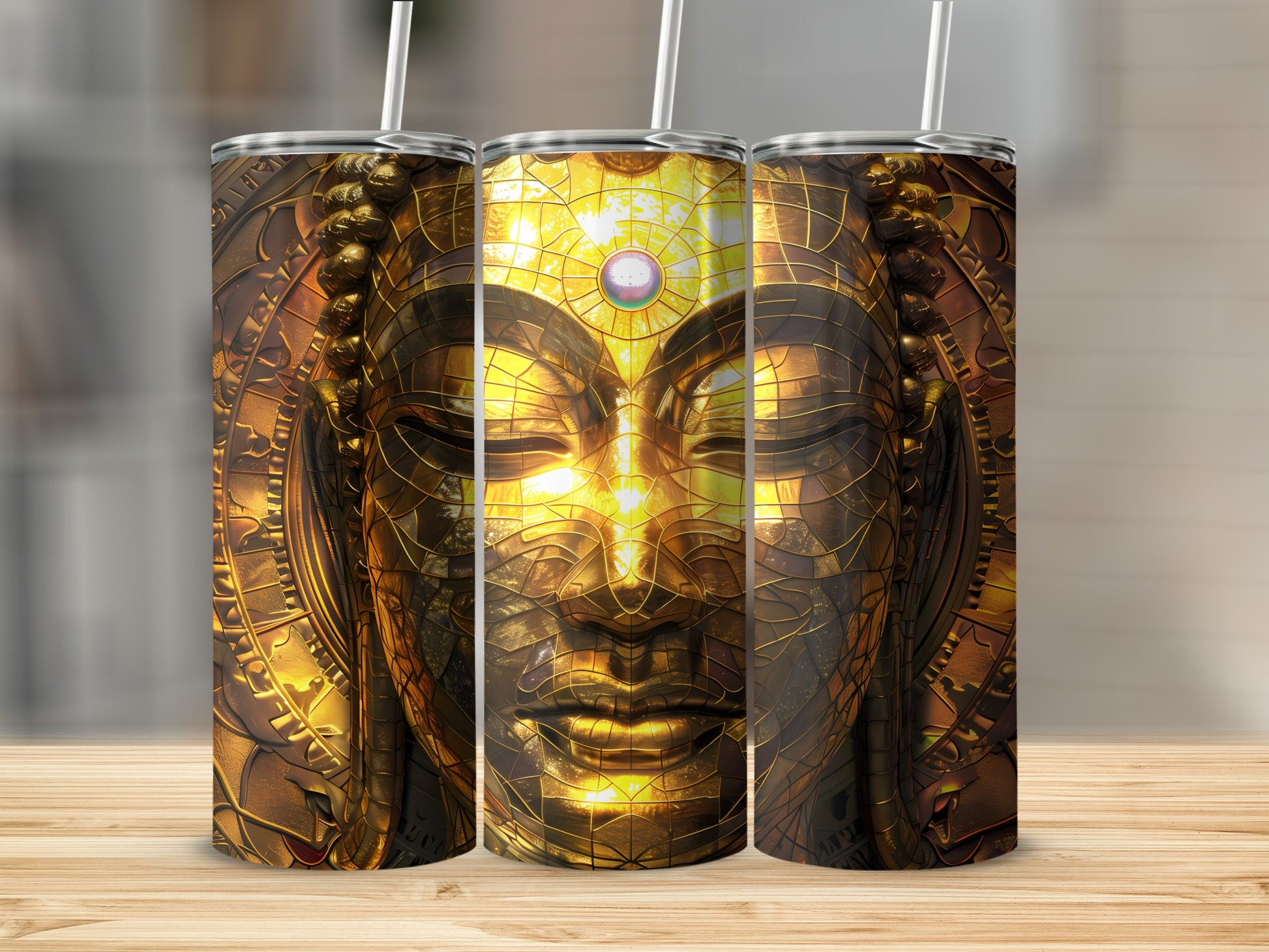 Golden Buddha face tumbler with intricate metallic details.