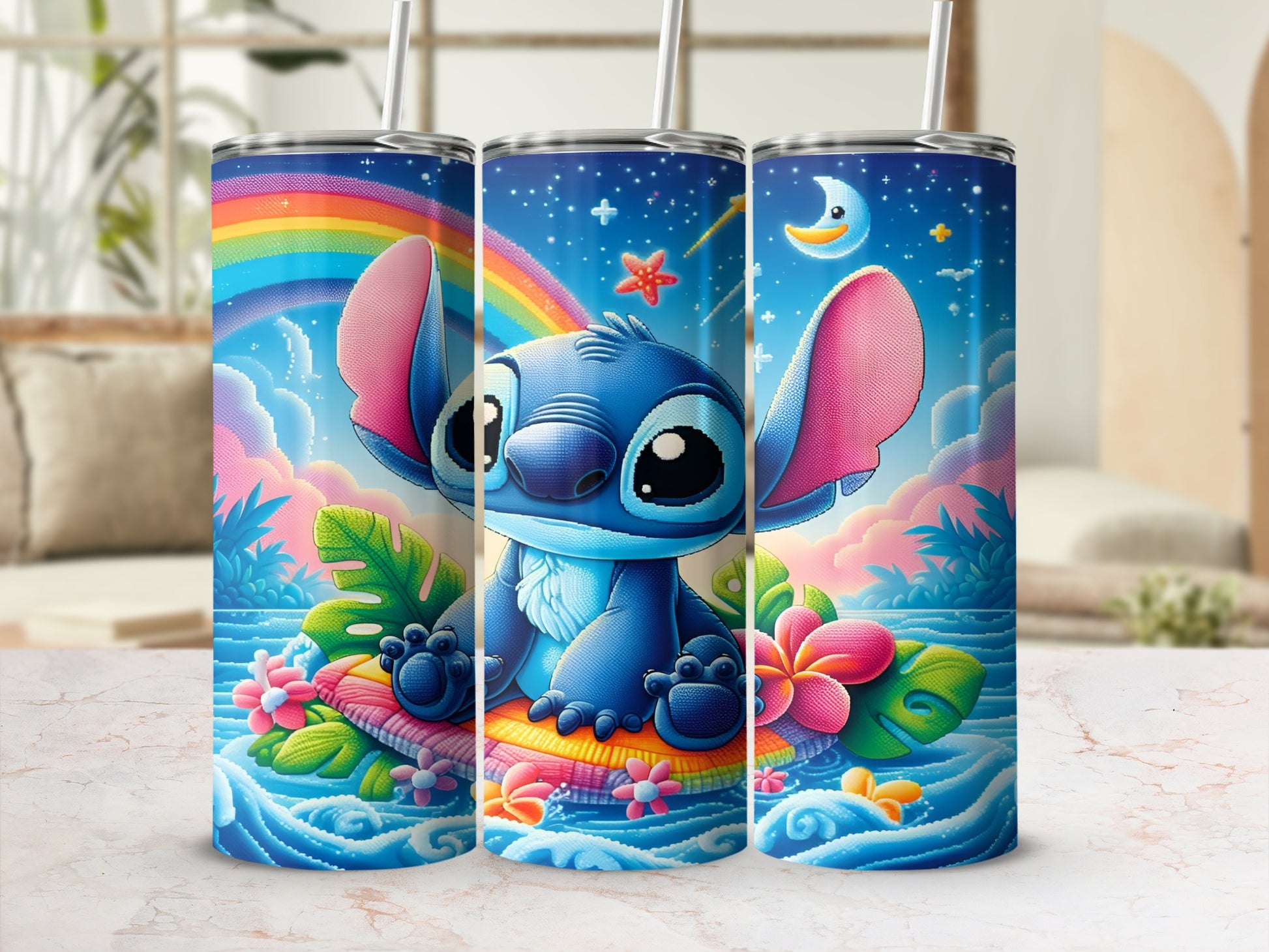 Stitch sitting on a tropical float with a rainbow and moon in the background.