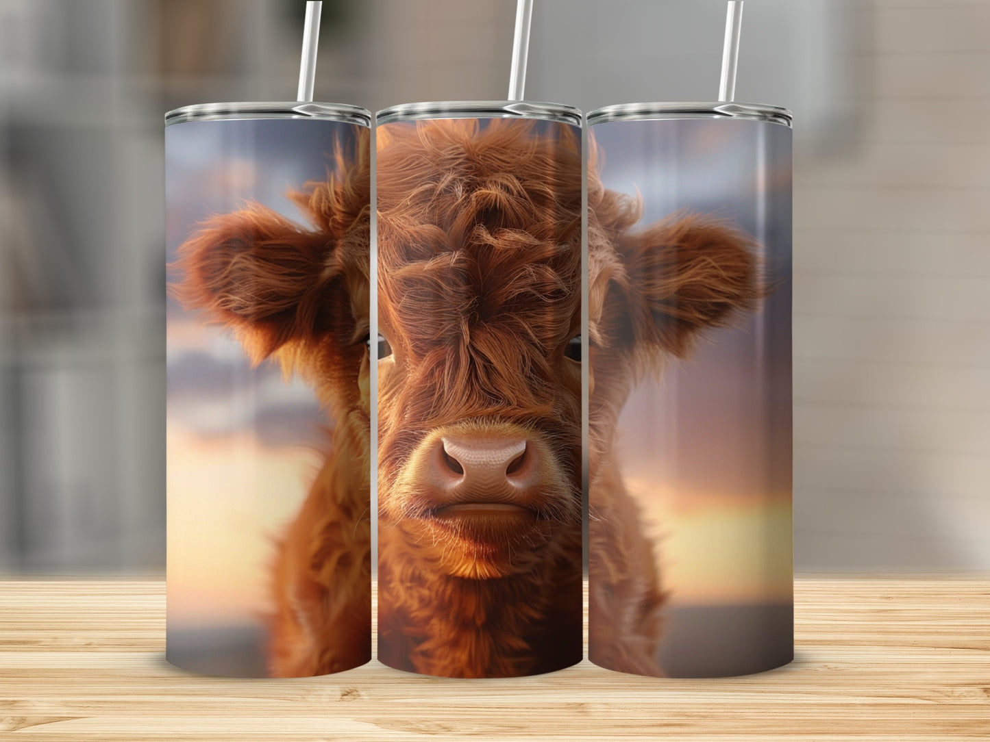 Highland cow face on a skinny tumbler with straw.