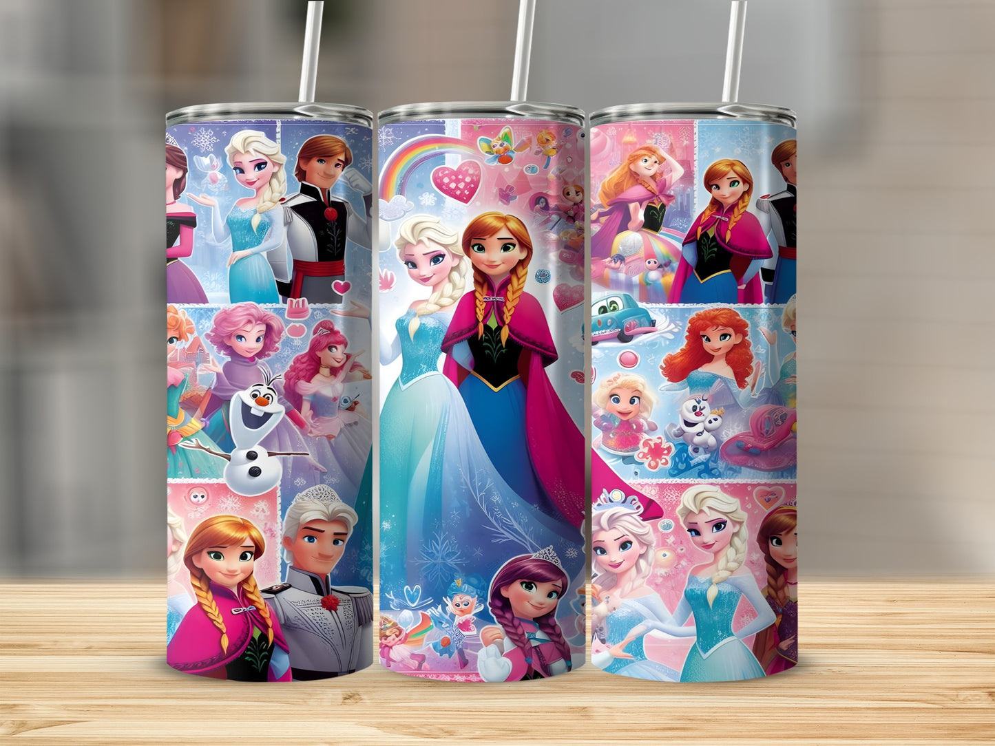 Collage of Frozen characters including Elsa, Anna, Olaf, and Kristoff on a tumbler.