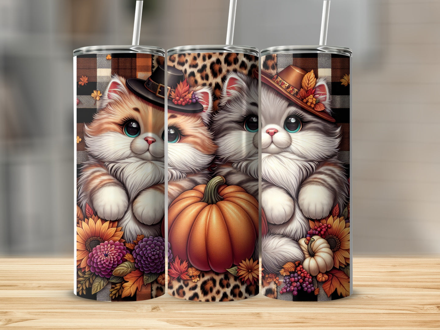Two fluffy cats in autumn hats and pumpkins, surrounded by sunflowers and foliage.