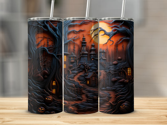 Three tumblers with a spooky haunted Halloween scene featuring a castle, pumpkins, and gnarled trees.