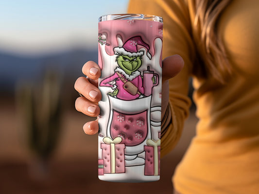 Pink Christmas Grinch Themed Tumbler for Holiday Cheers