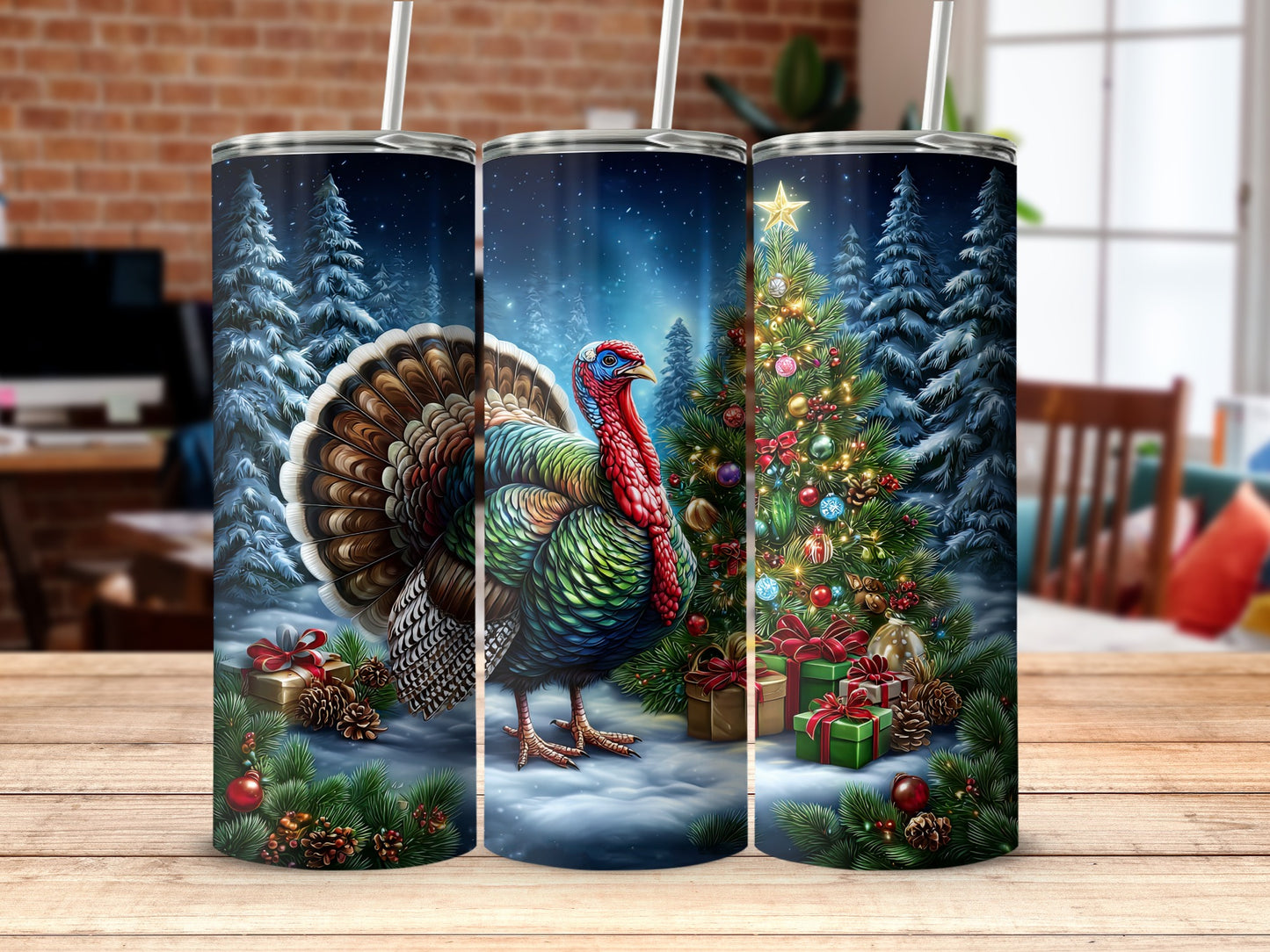 Festive Turkey With Christmas Tree Tumbler Design