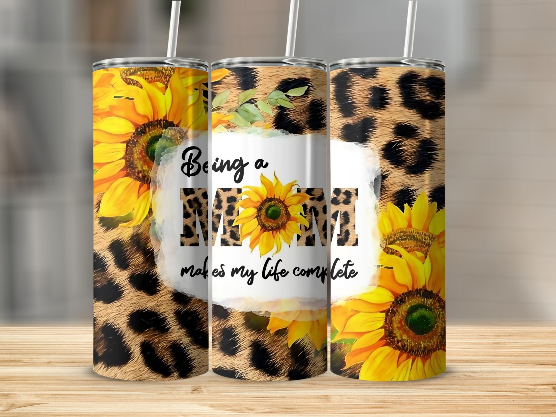 Being a Mom Sunflower Leopard Print Tumbler