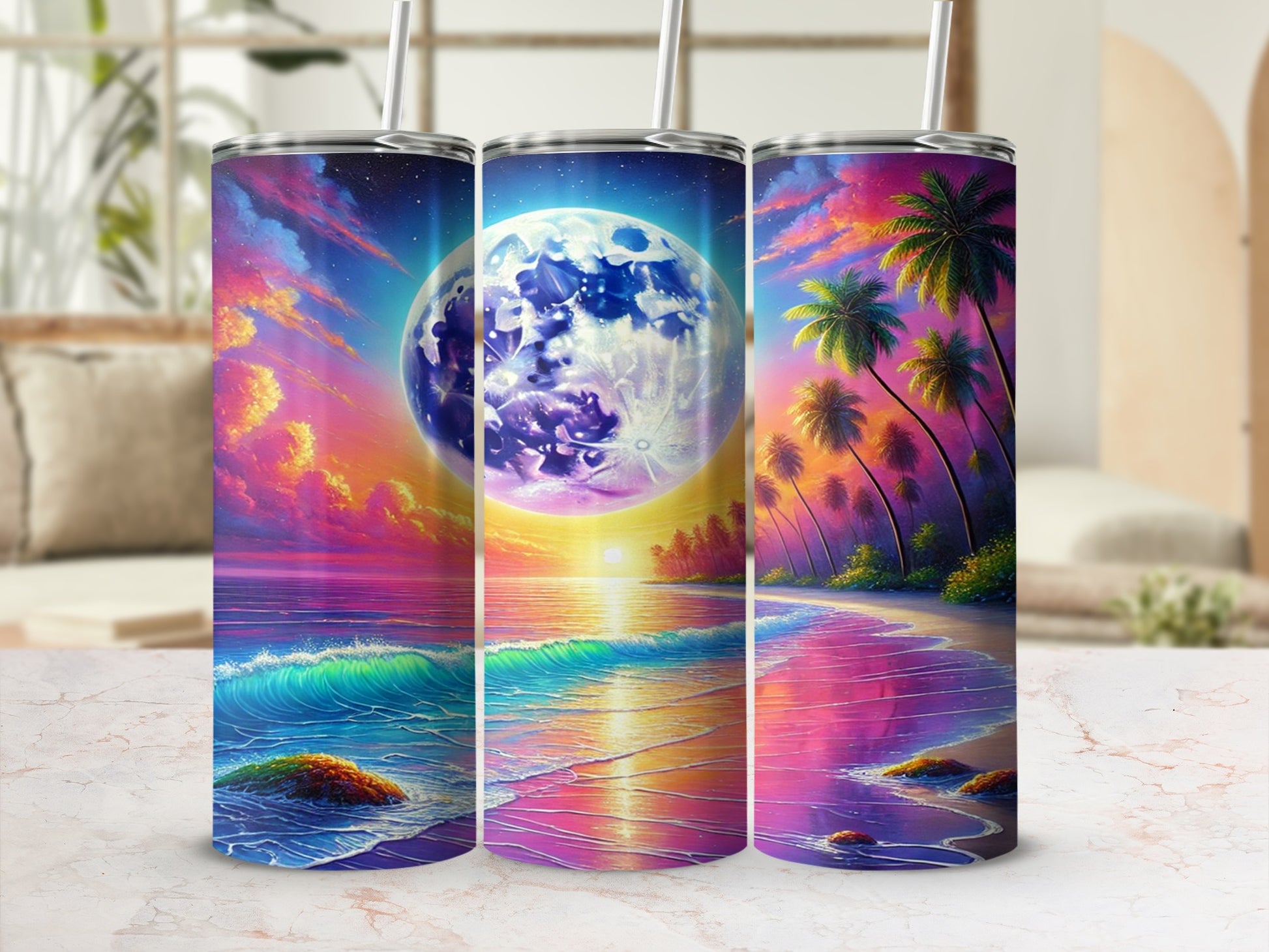 Colorful Tropical Beach and Moon Scene Tumbler
