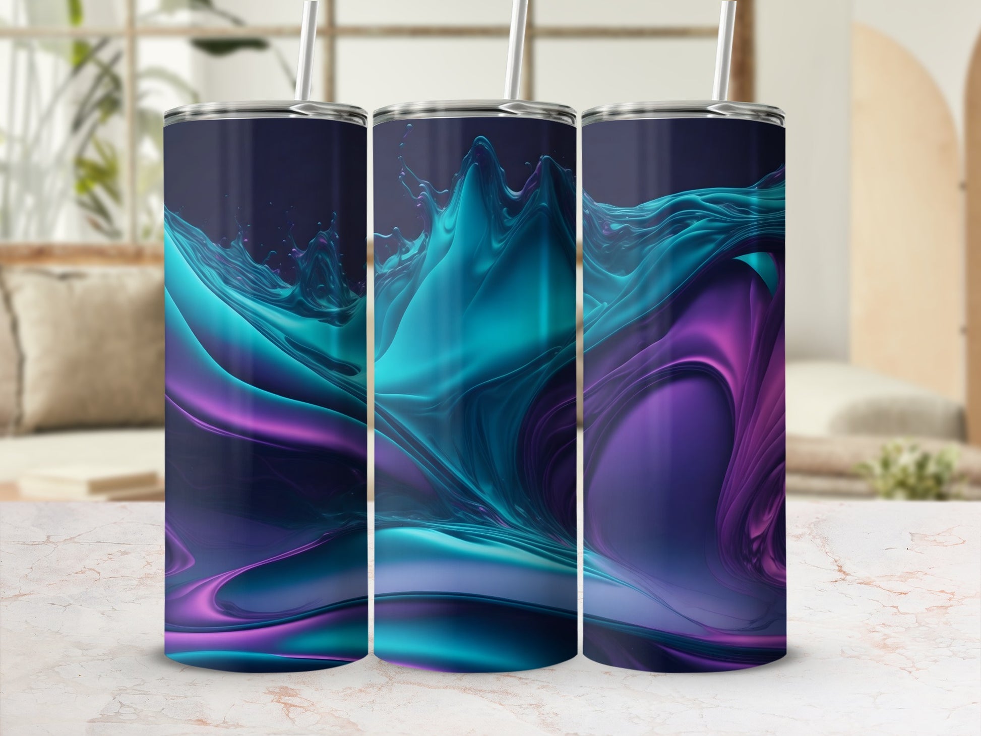 Three tumblers with swirling purple and teal abstract designs and straws.