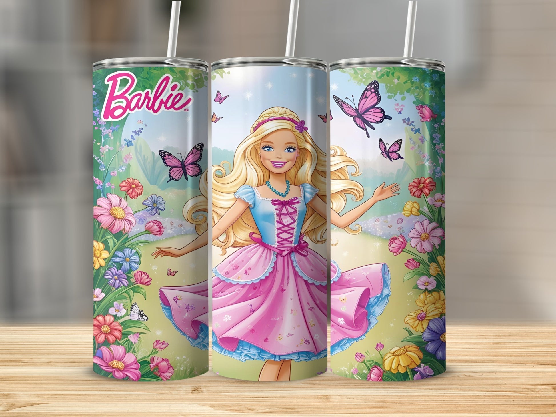 Barbie in pink dress with butterflies and flowers.