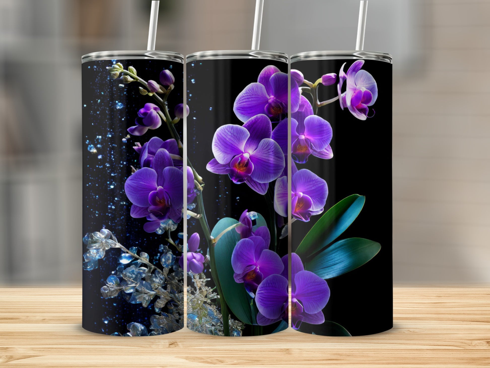 Purple orchids on black tumblers with water droplets.