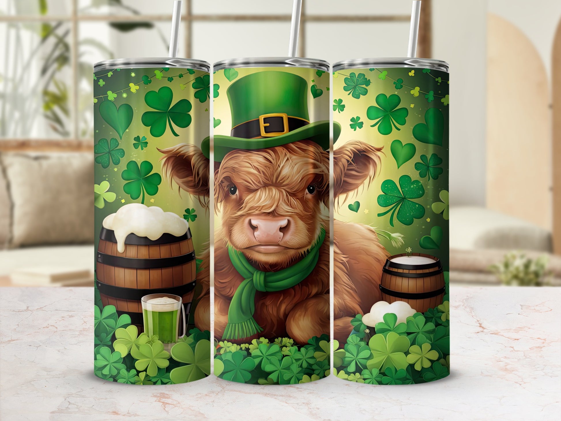 Highland cow wearing a green hat and scarf, surrounded by shamrocks and beer.