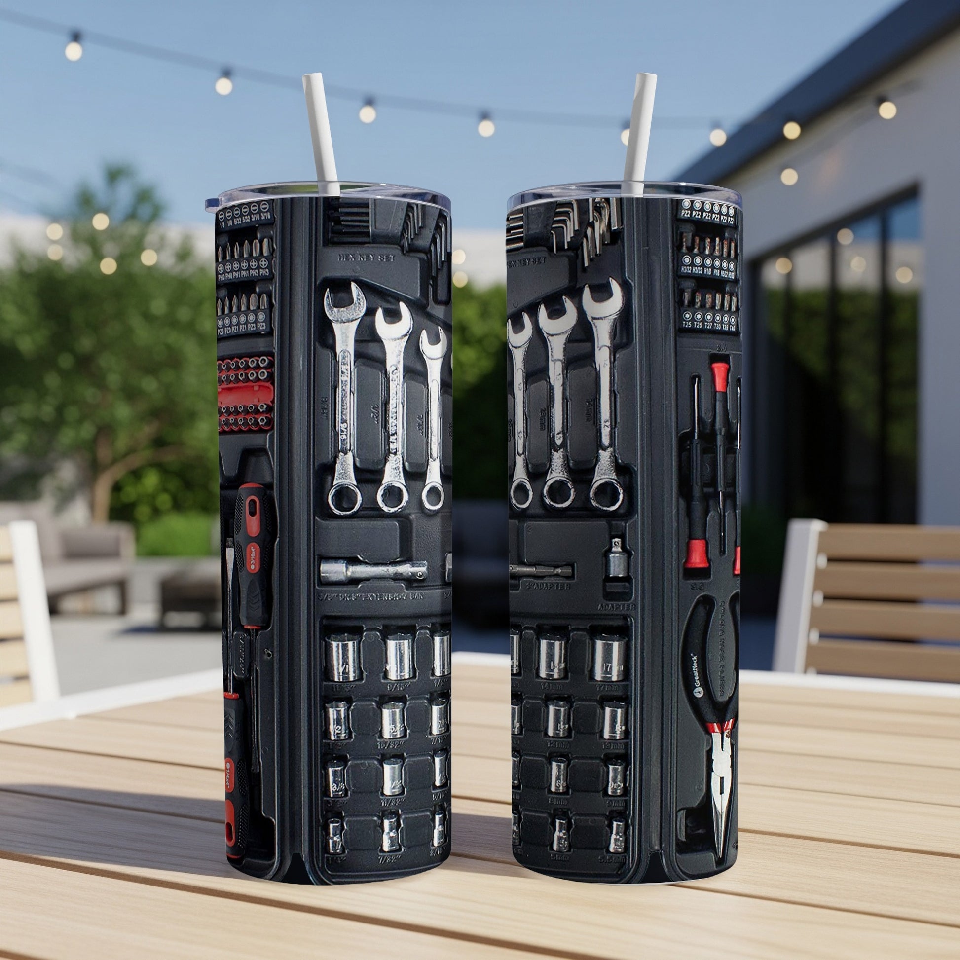 Tumblers with a tool repair kit design, featuring wrenches, screwdrivers, and sockets.