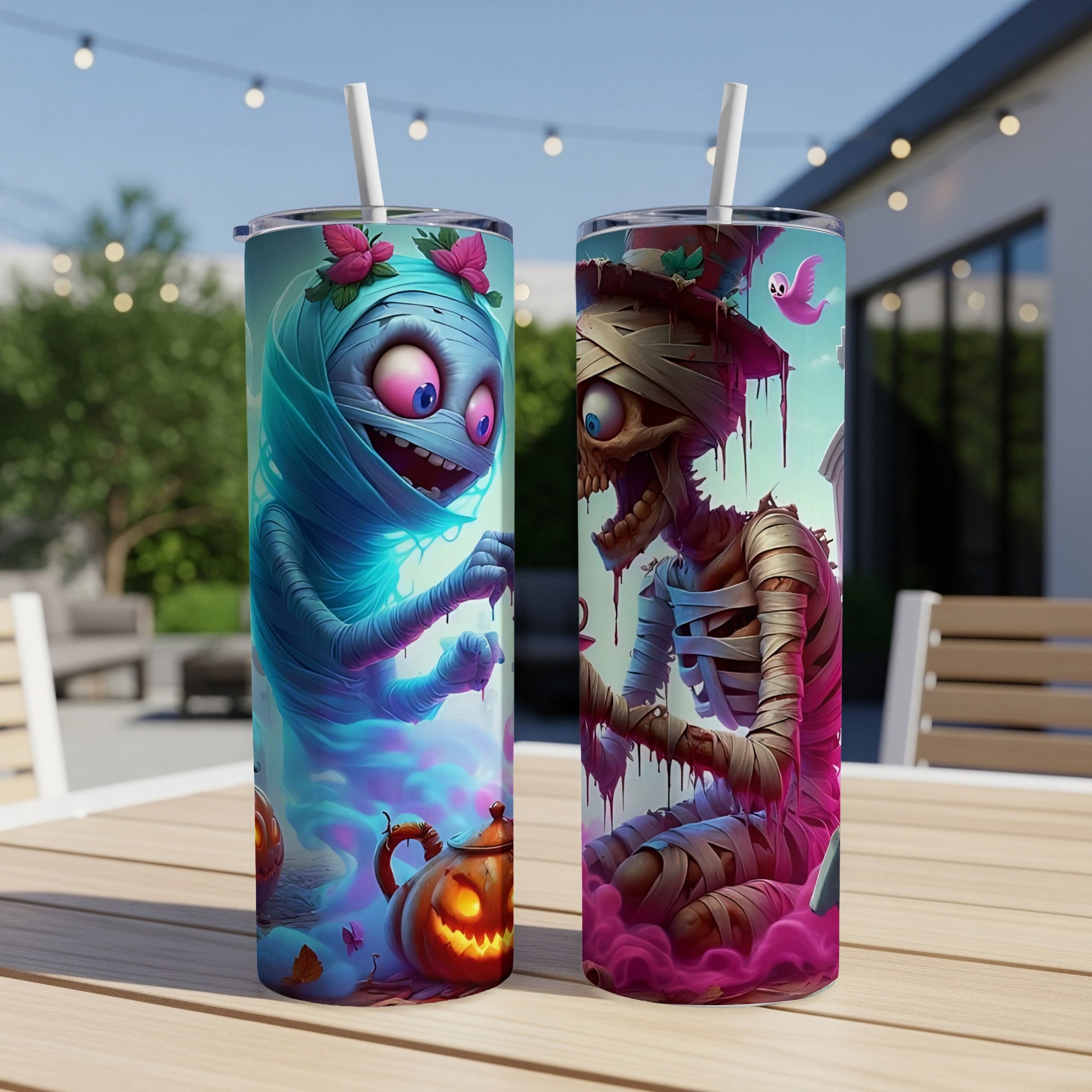 Two Halloween-themed tumblers featuring a mummy and a skeleton with pumpkins and ghosts.