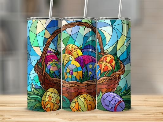 Stained glass Easter basket overflowing with colorful eggs on a wooden surface.