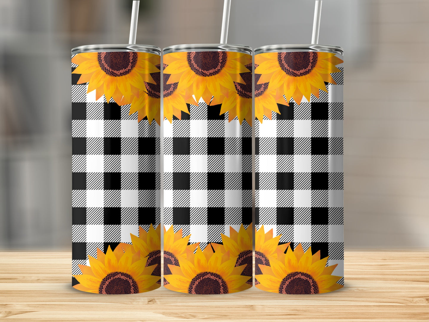 Tall tumbler with sunflowers and black and white buffalo plaid pattern.
