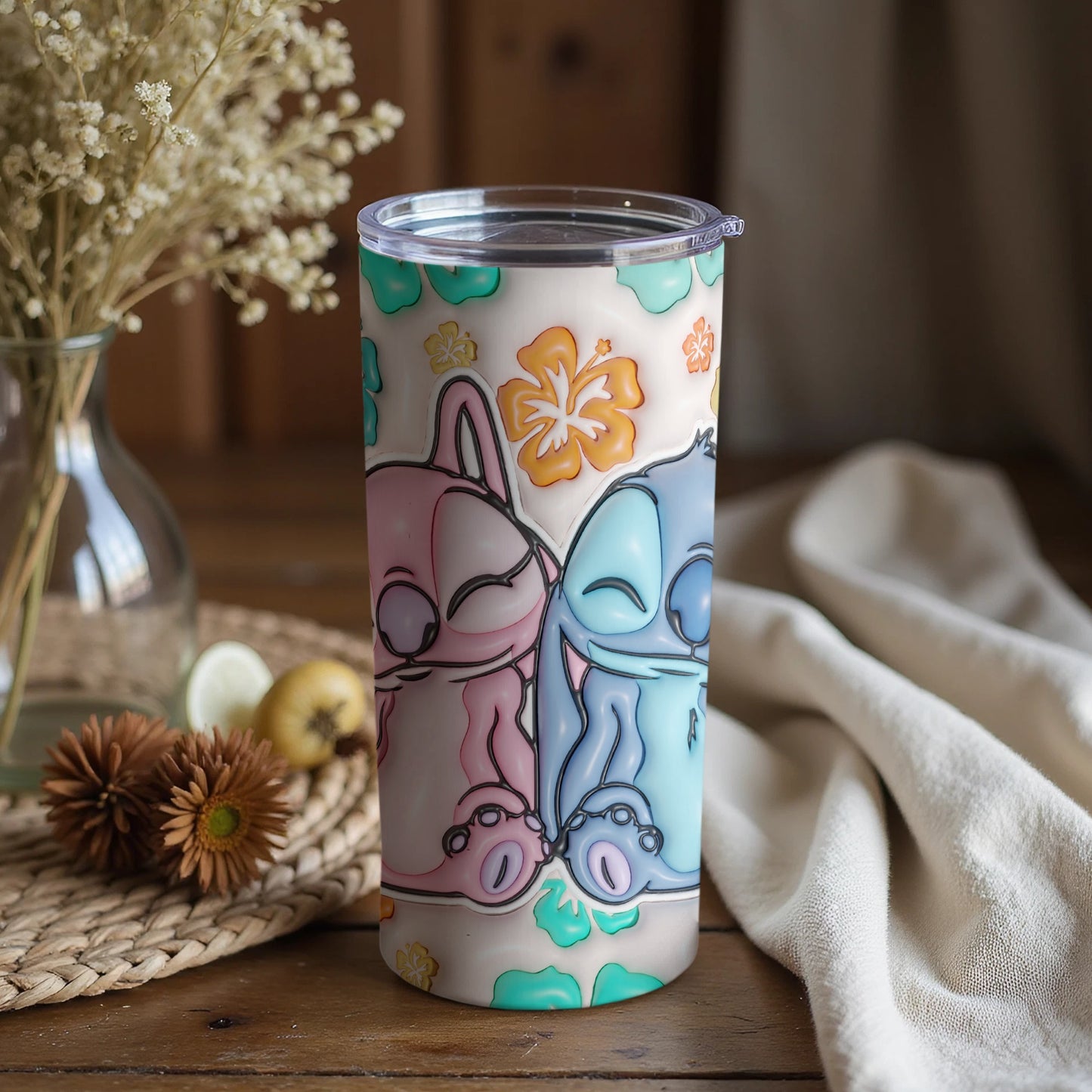 Cute Sleeping Characters Floral Design Tumbler