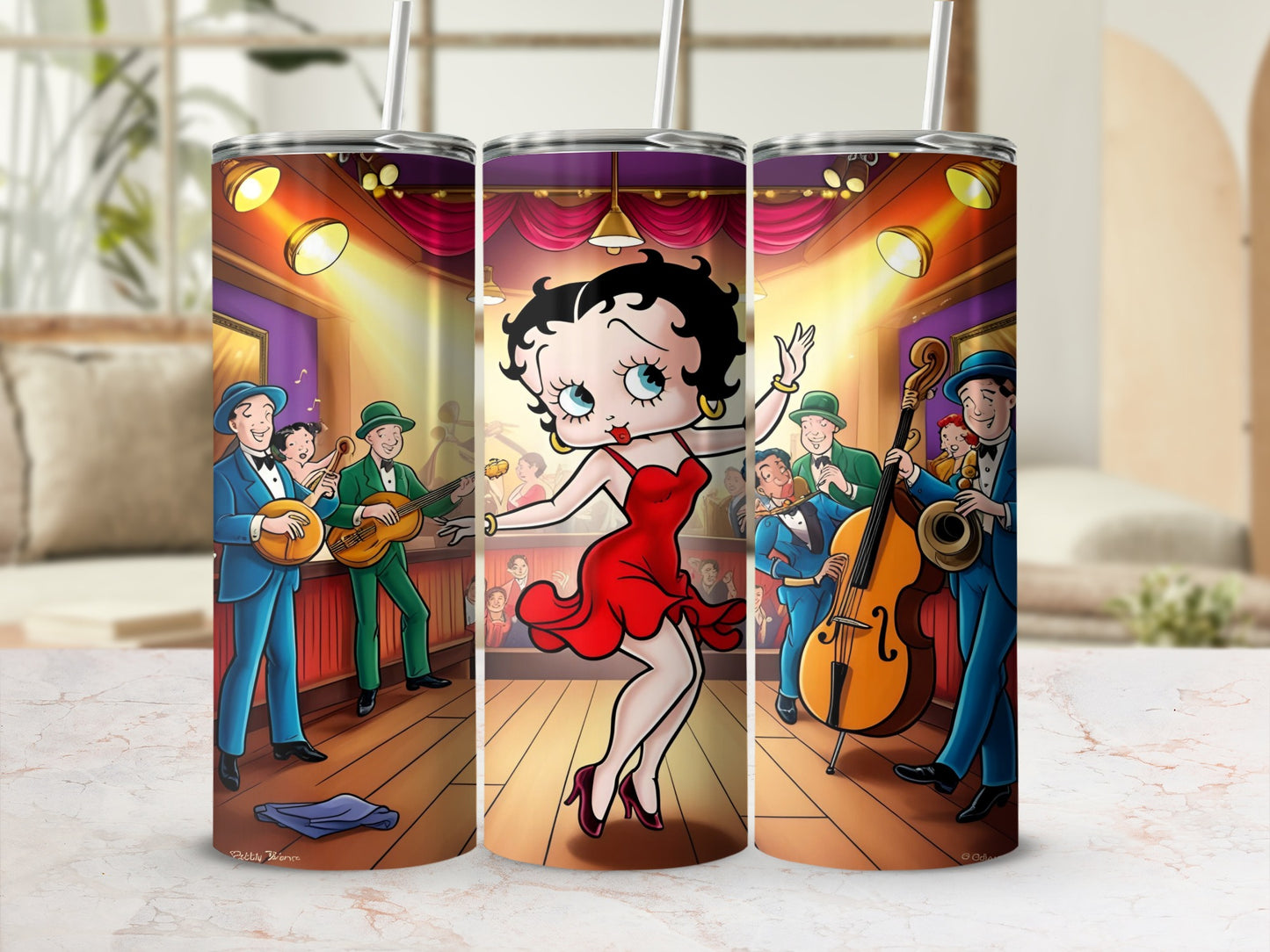 Betty Boop in red dress dancing on stage with a jazz band.