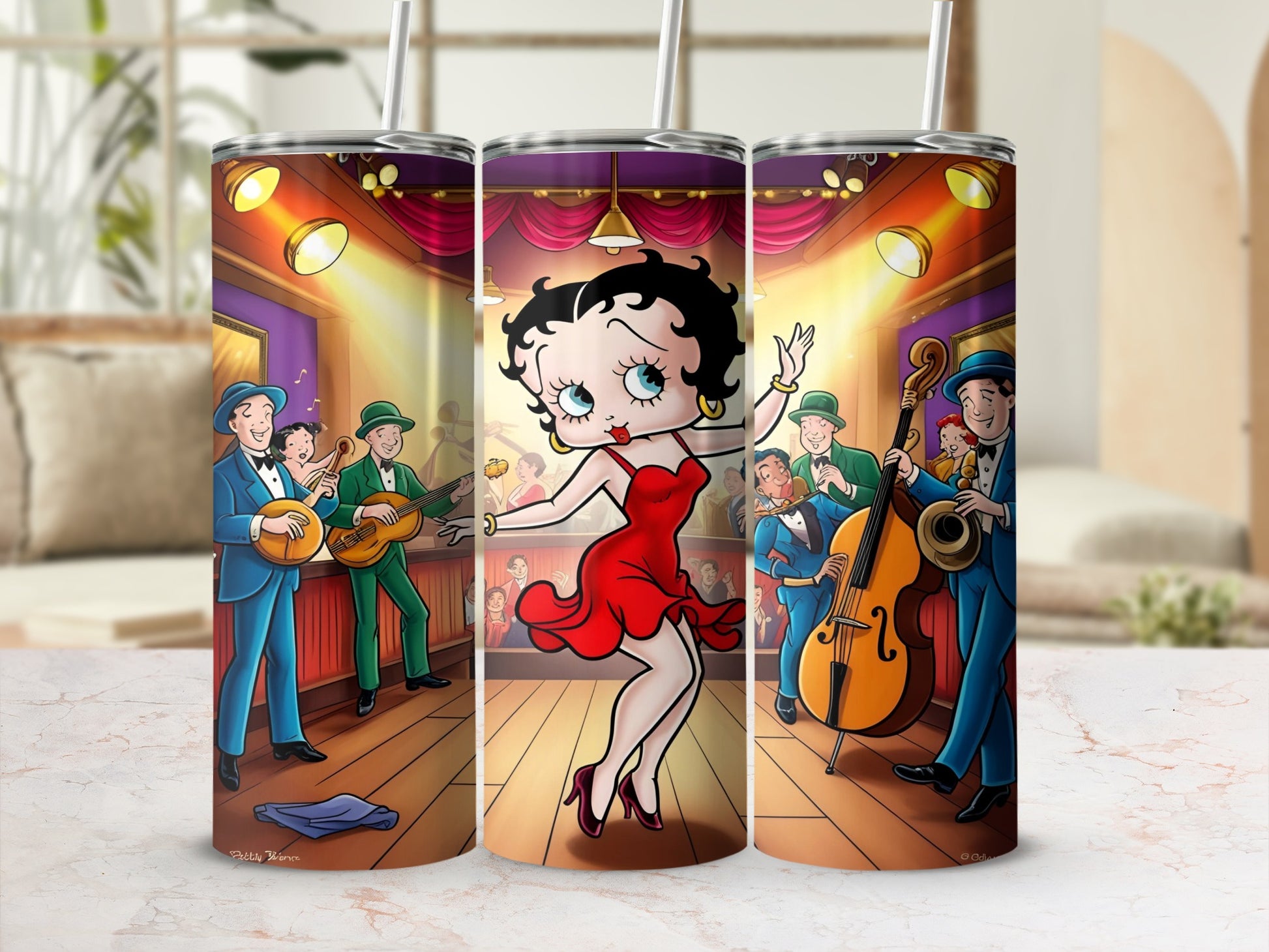 Betty Boop in red dress dancing on stage with a jazz band.