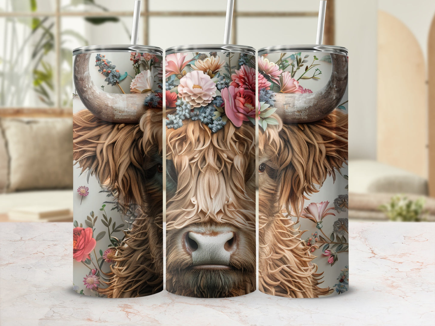 Highland cow portrait with floral crown on a tumbler.