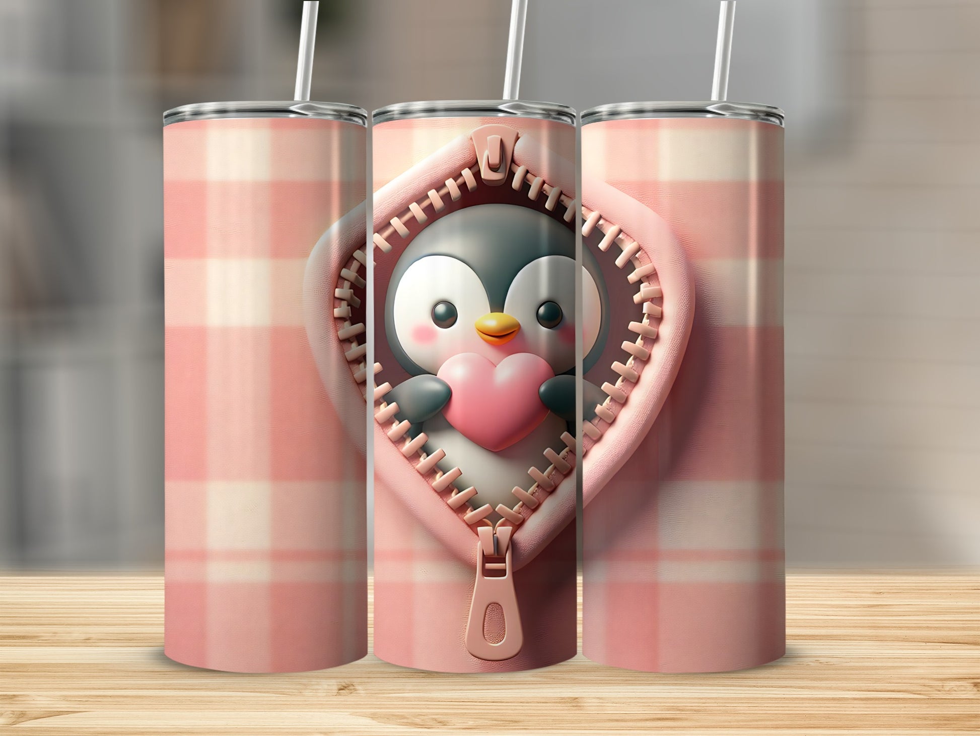 Penguin holding heart inside pink plaid zippered pouch.