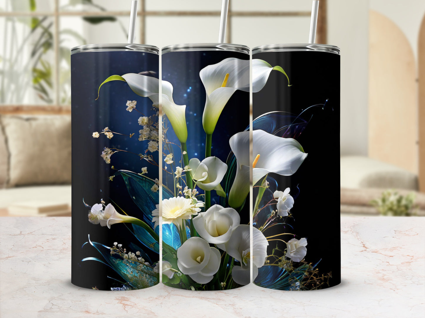 Floral tumbler with white calla lilies and greenery on dark background.