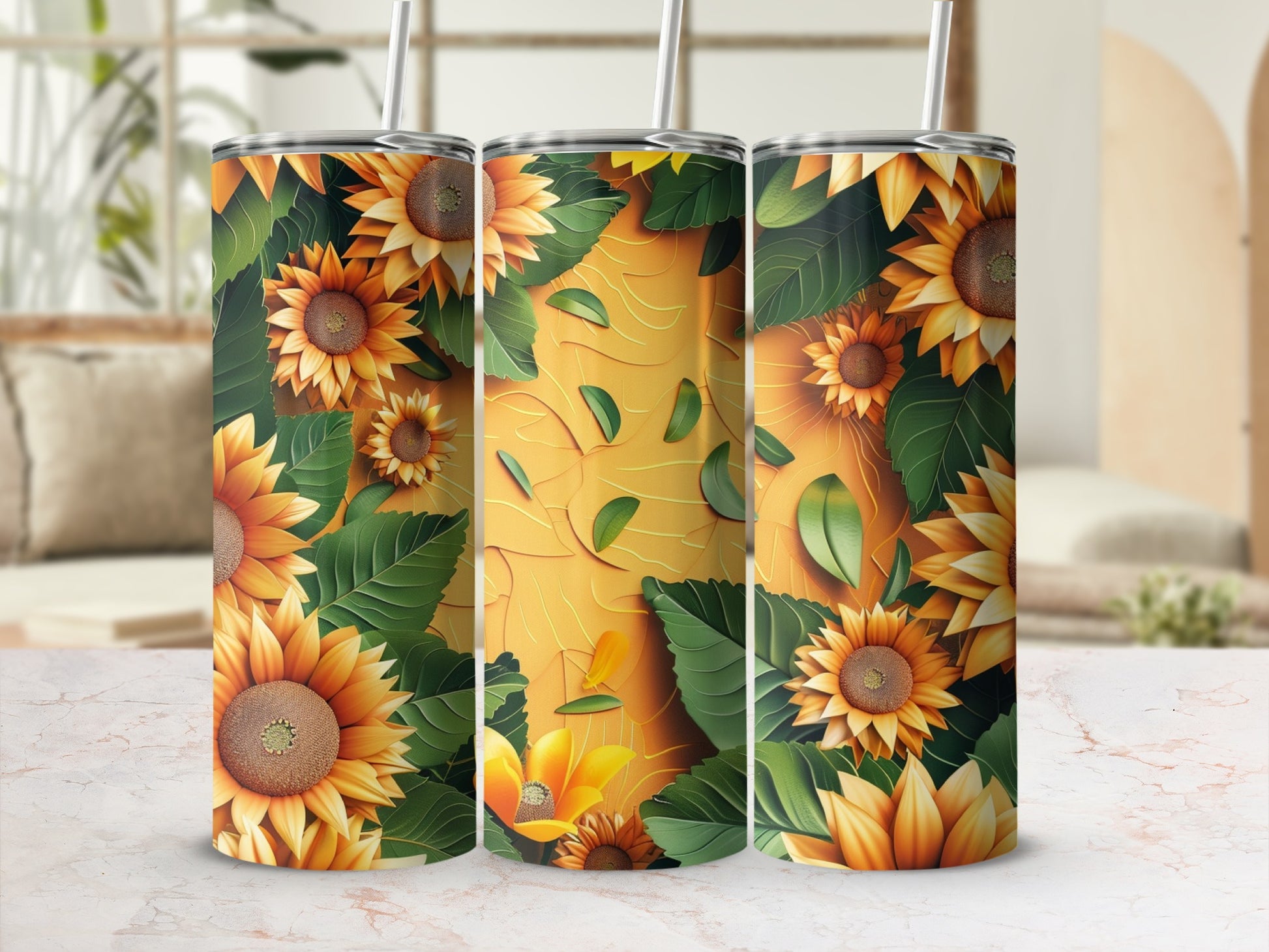 Three tumblers with a sunflower and green leaf pattern.