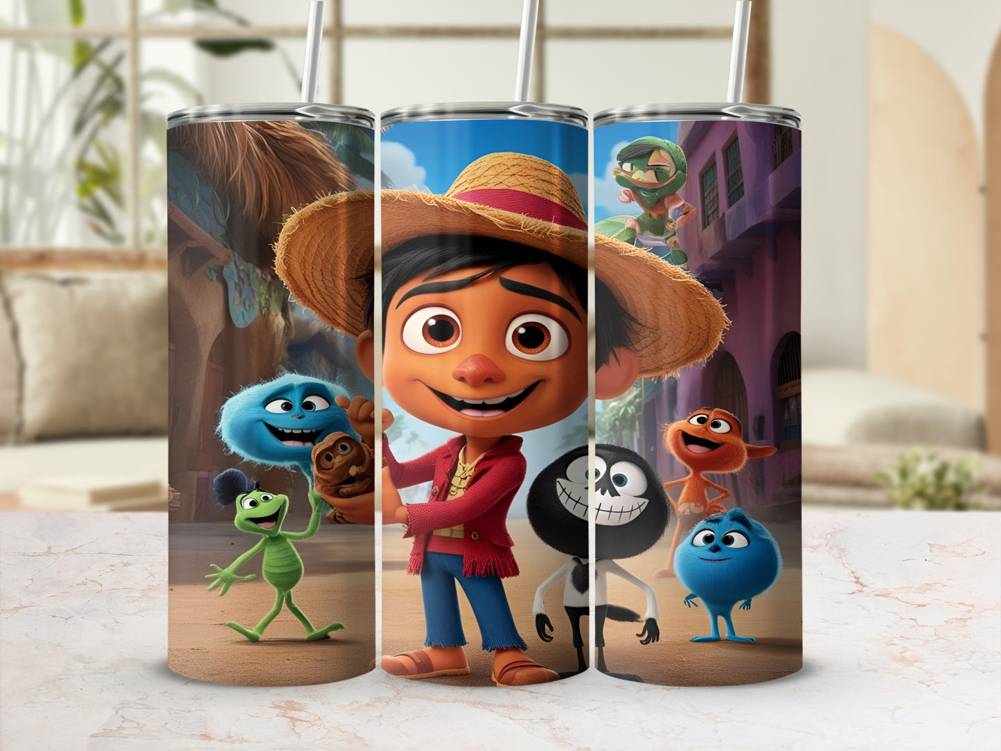 Three cartoon characters, including a boy with a straw hat, on colorful tumblers.