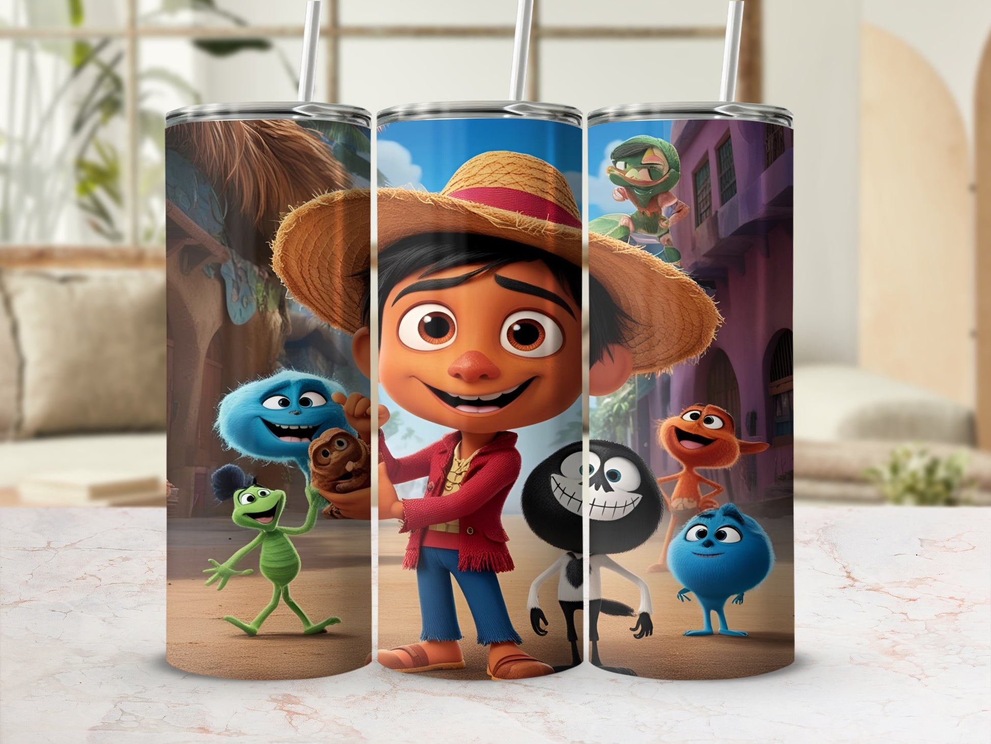 Three cartoon characters, including a boy with a straw hat, on colorful tumblers.