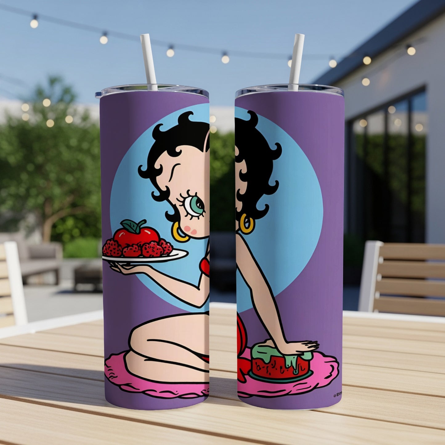 Betty Boop with strawberries and cake on a purple background.