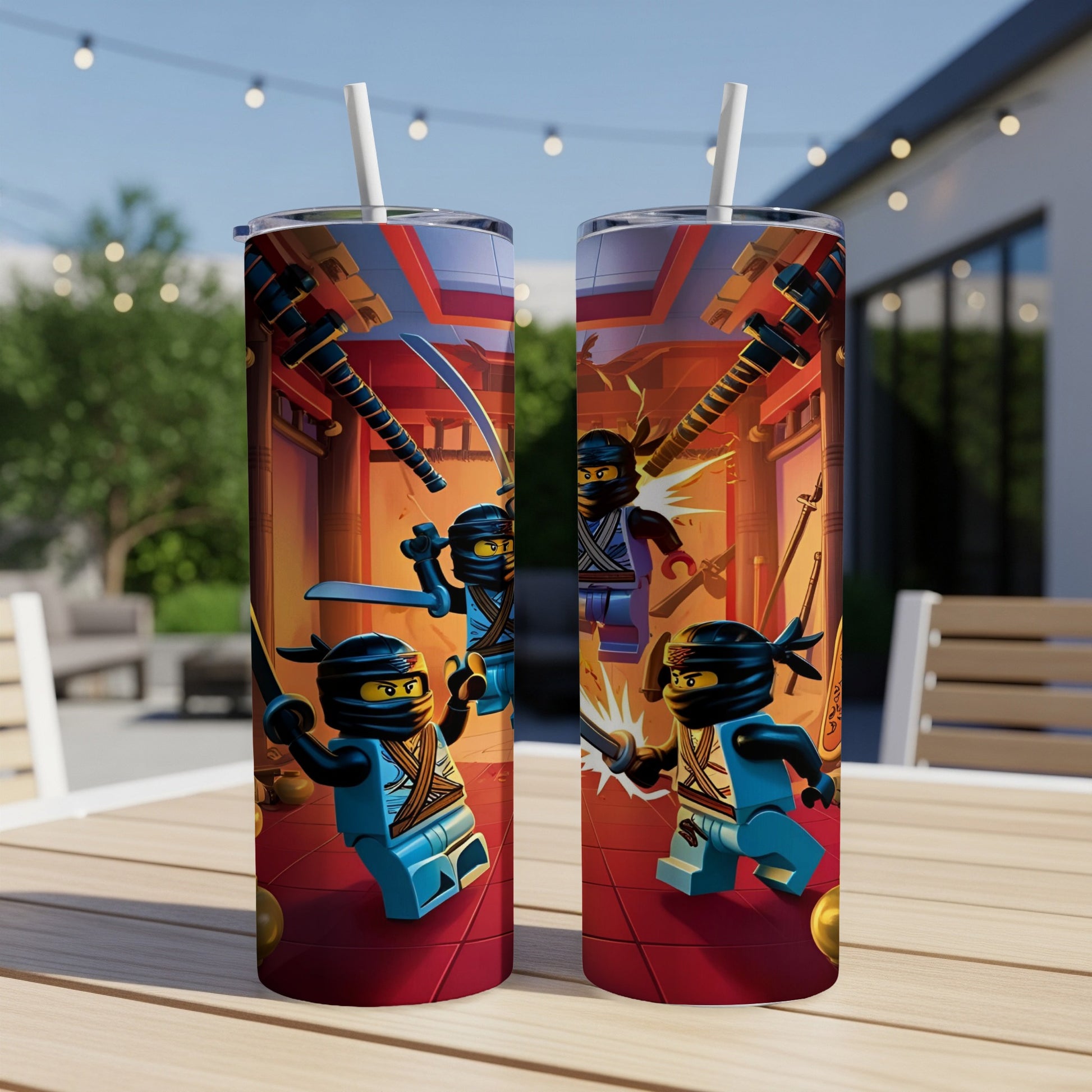 Two Ninjago-themed tumblers with ninja characters fighting, displayed on a table outdoors.