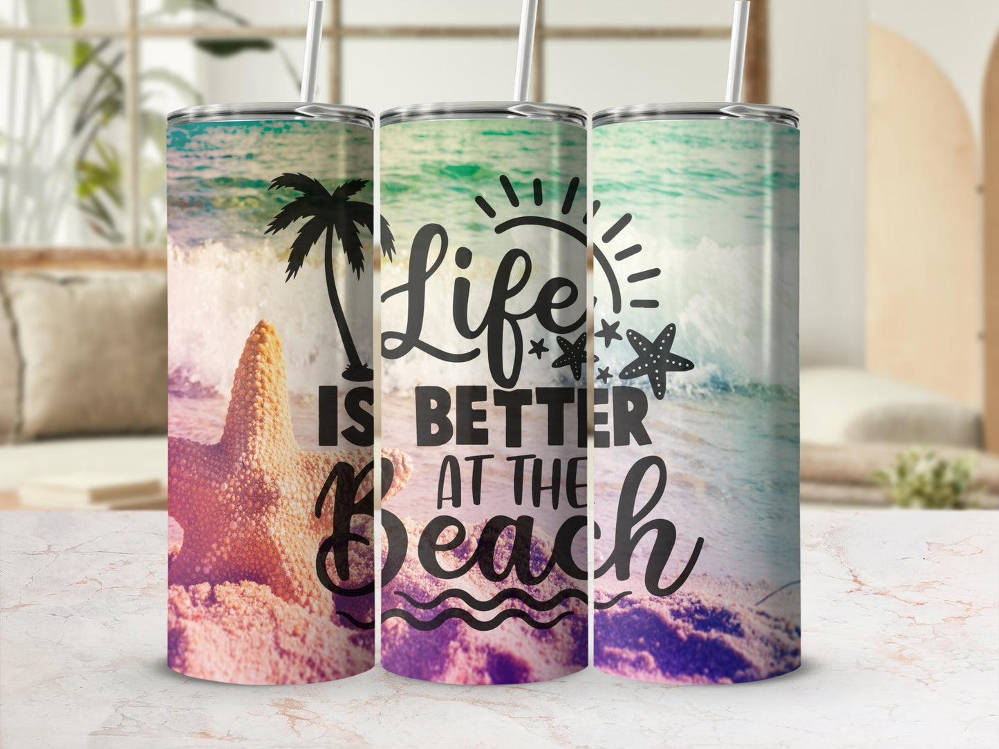 Beach scene tumbler with "Life is Better at the Beach" text.