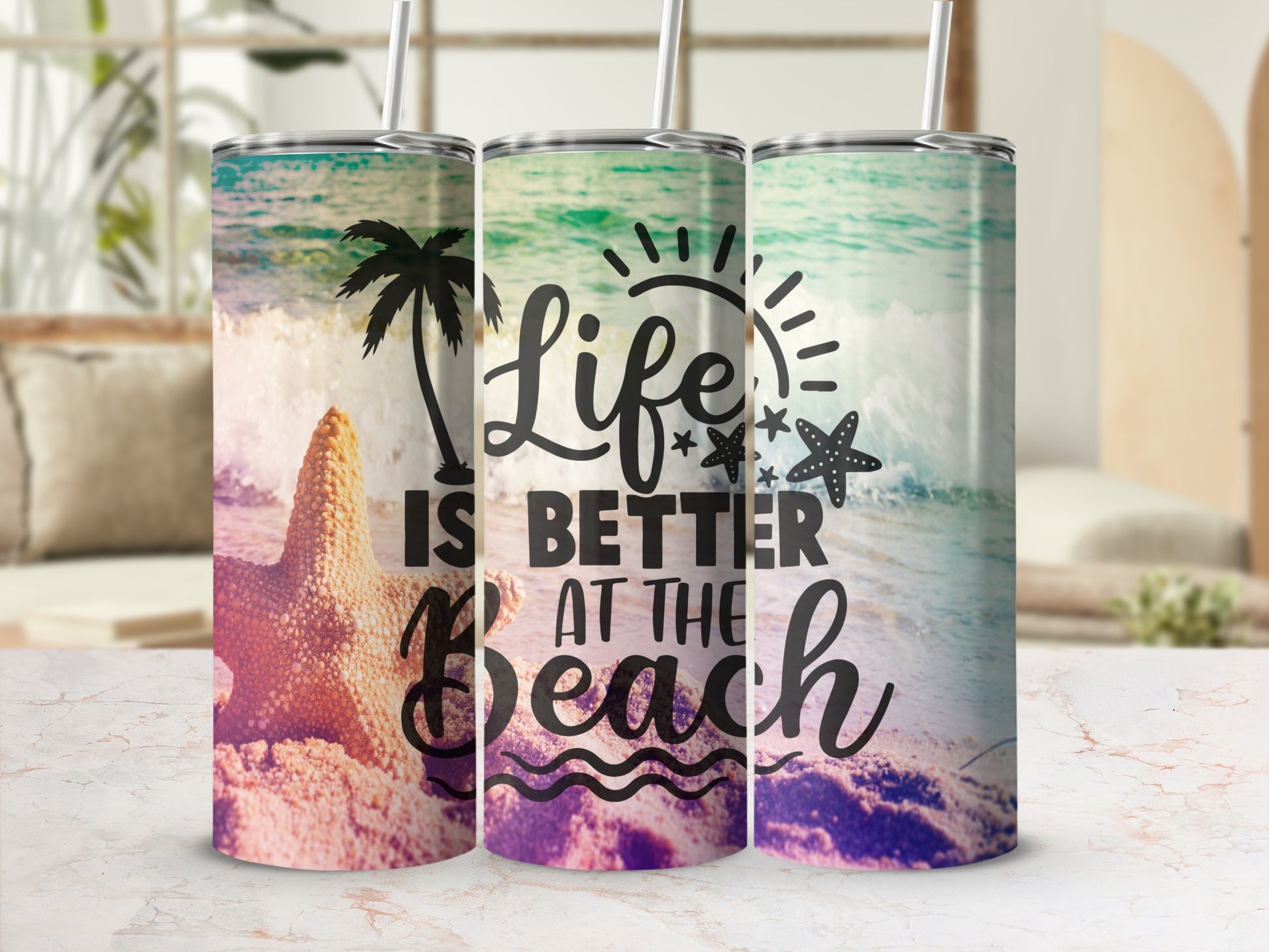 Beach scene tumbler with "Life is Better at the Beach" text.