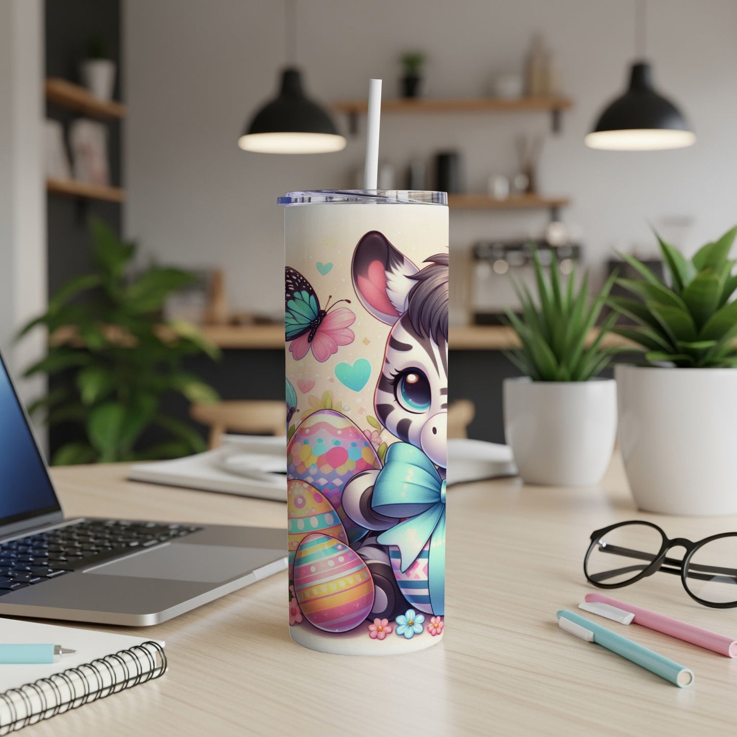 Cute cartoon zebra with Easter eggs and a butterfly on a tumbler.