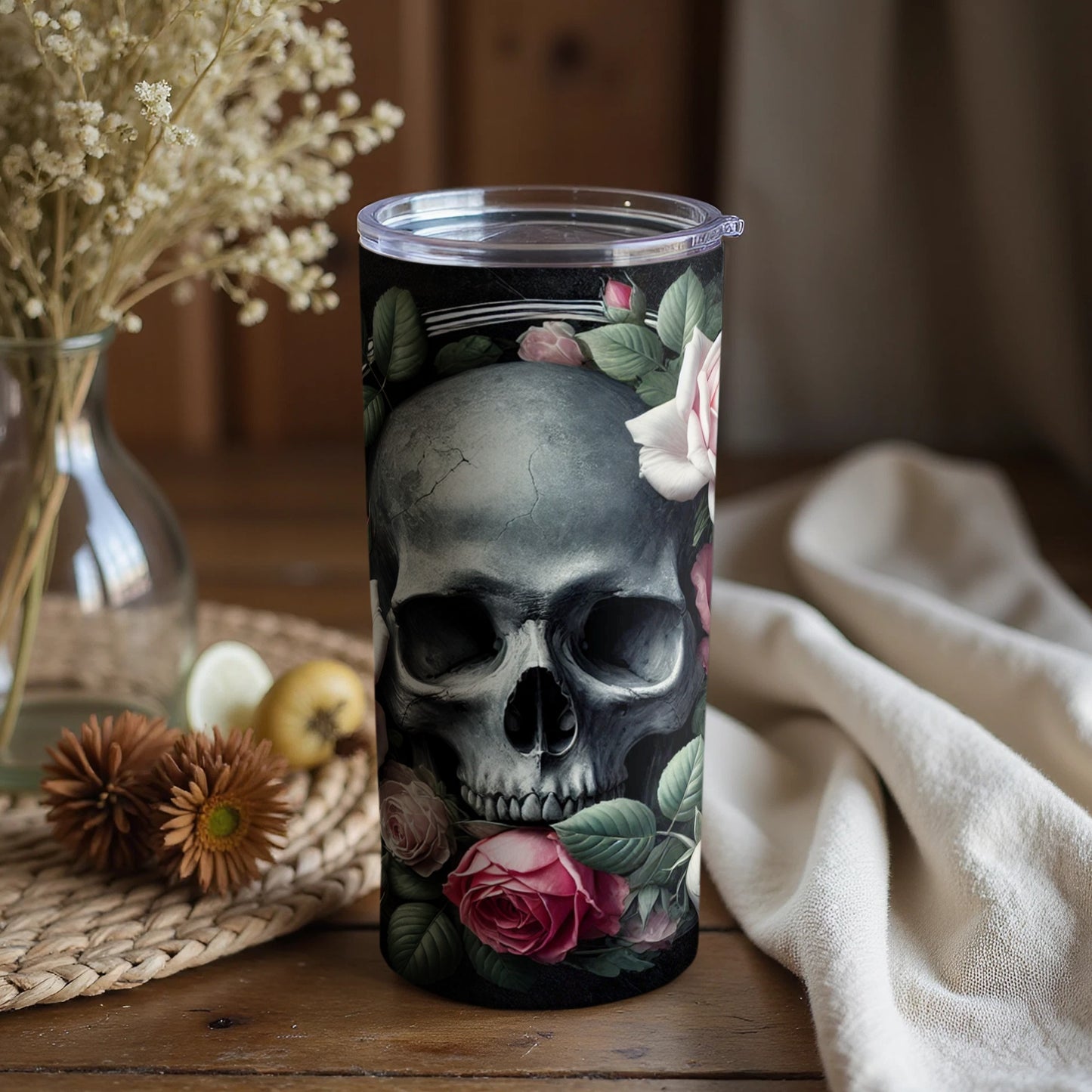 Skull Design Tumbler with Roses and Floral Pattern