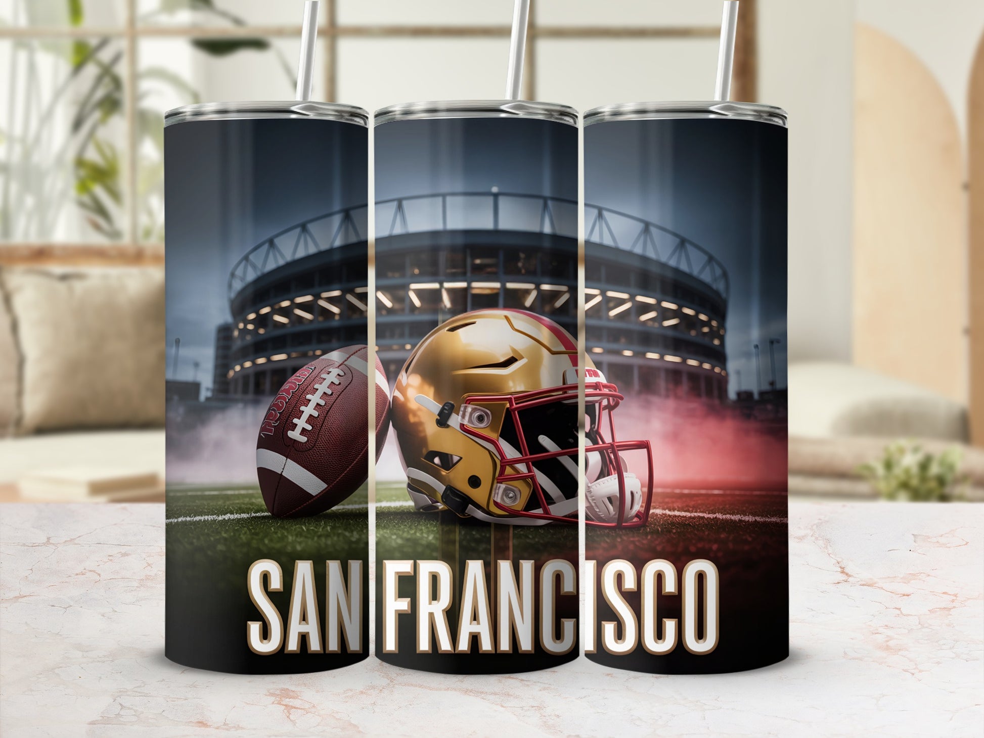 Football helmet and ball on stadium field with "SAN FRANCISCO" text.