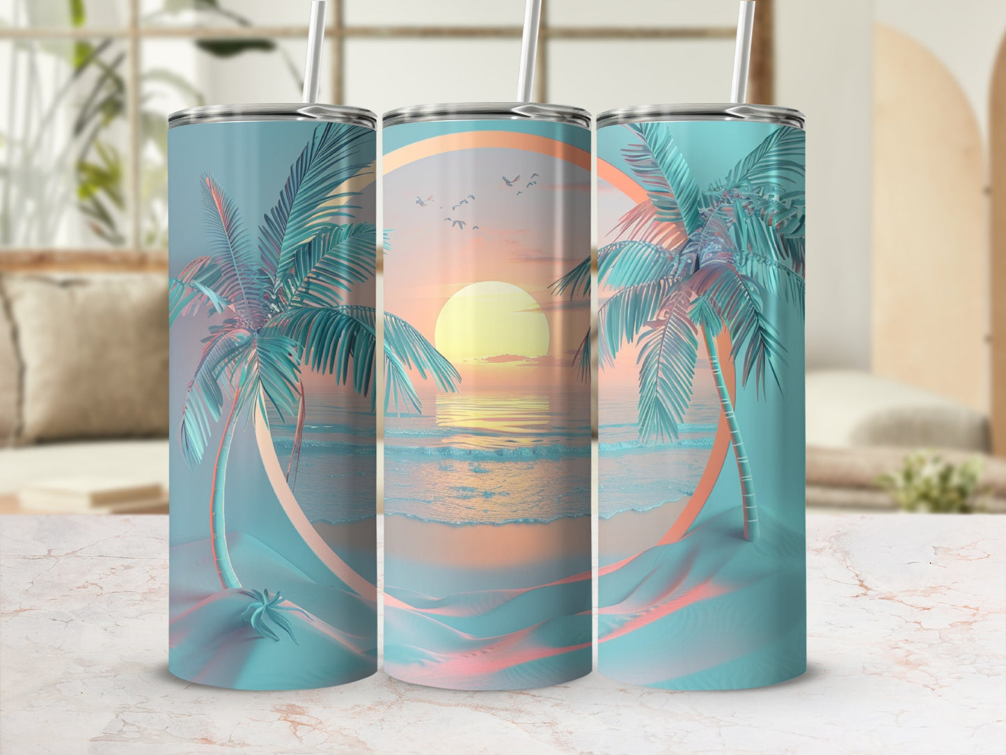 Three tumblers with a pastel beach sunset scene and palm trees.