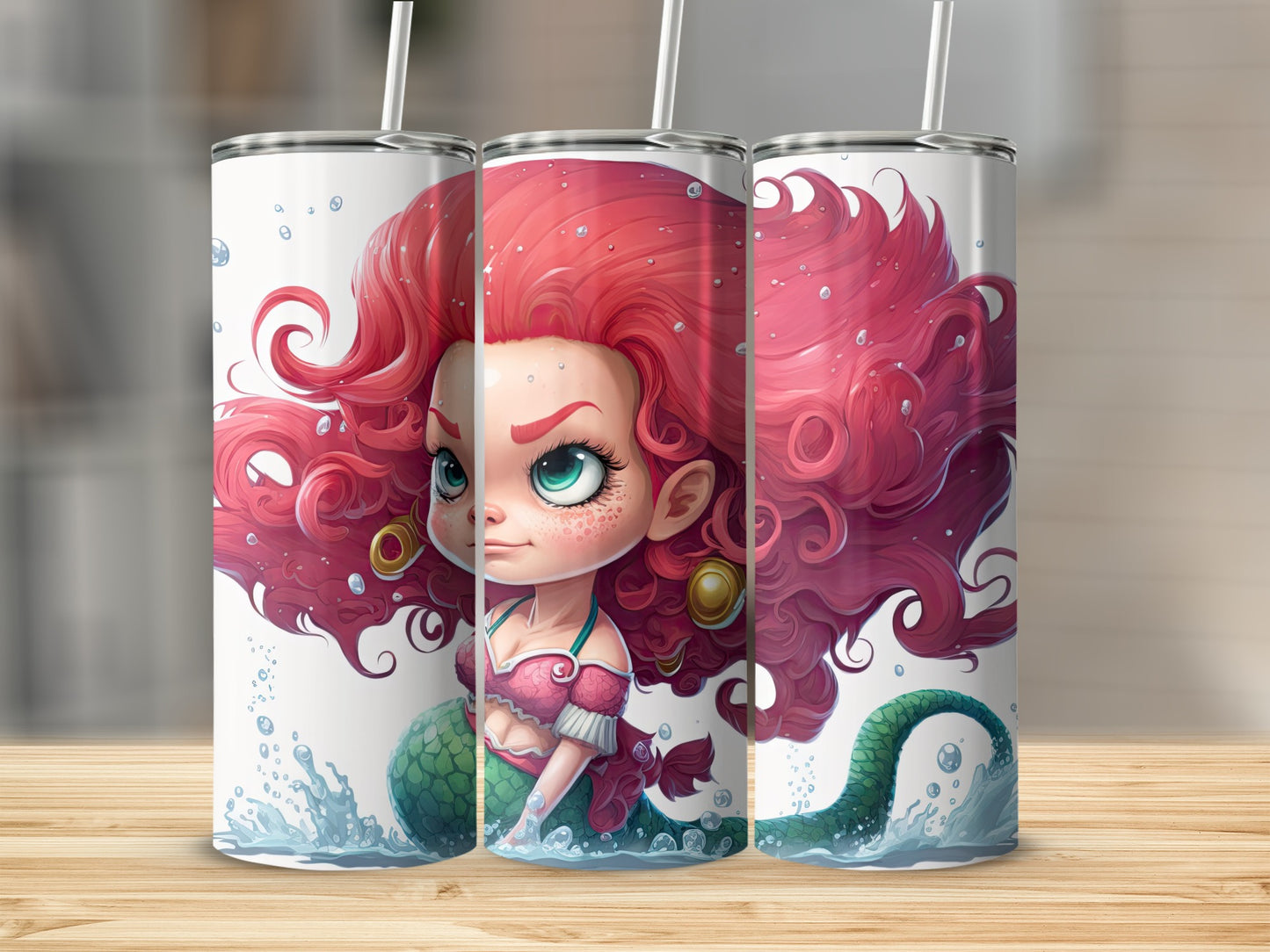 Cute Red-Haired Mermaid Tumbler with Water Splash