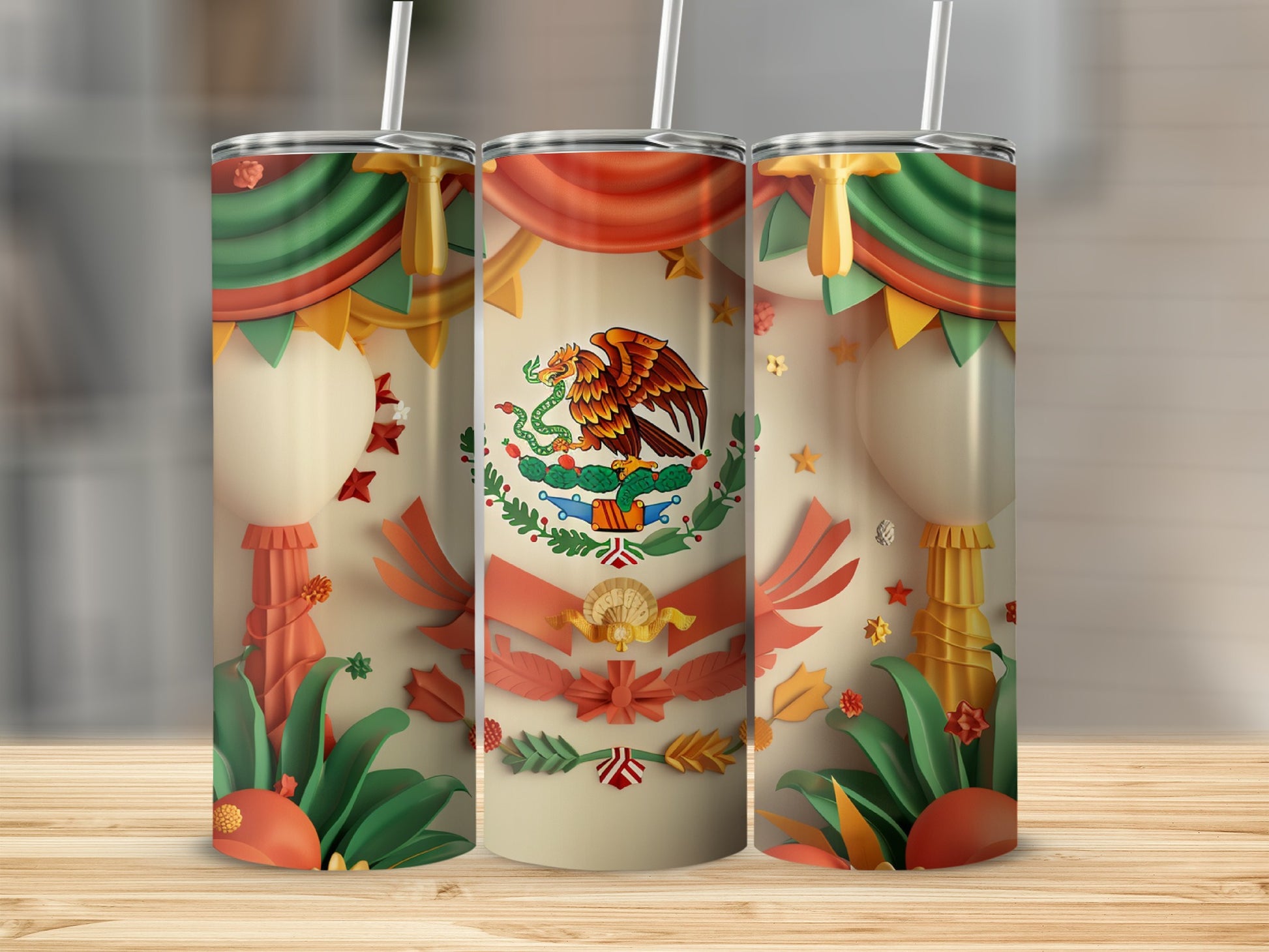 Three tumblers featuring the Mexican flag and decorative elements.