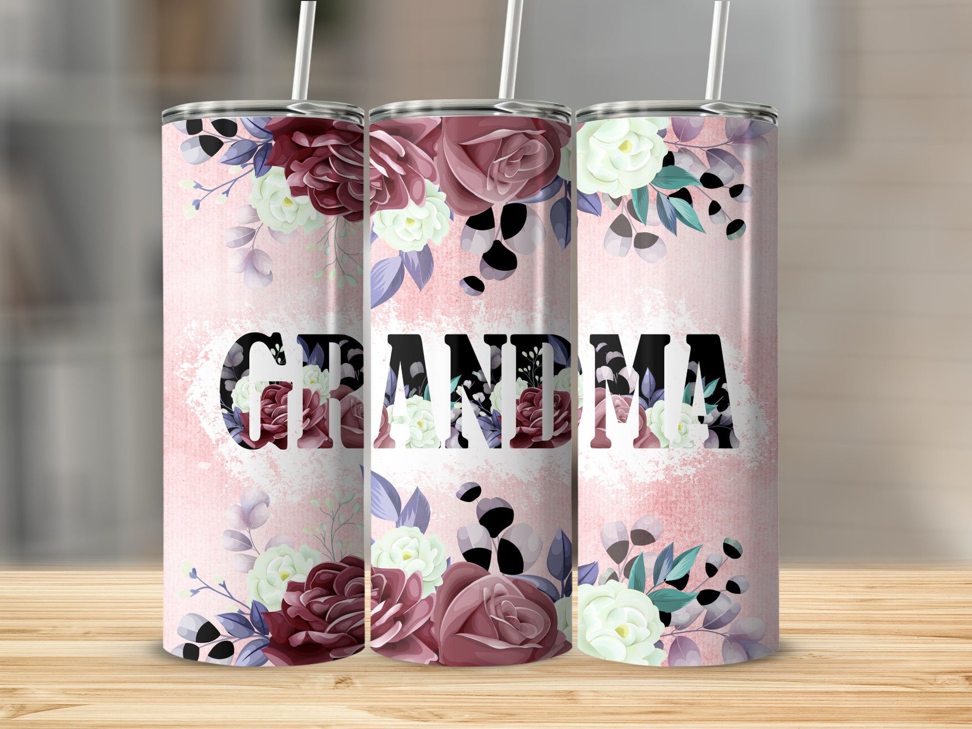Three tumblers with floral design and "Grandma" text.