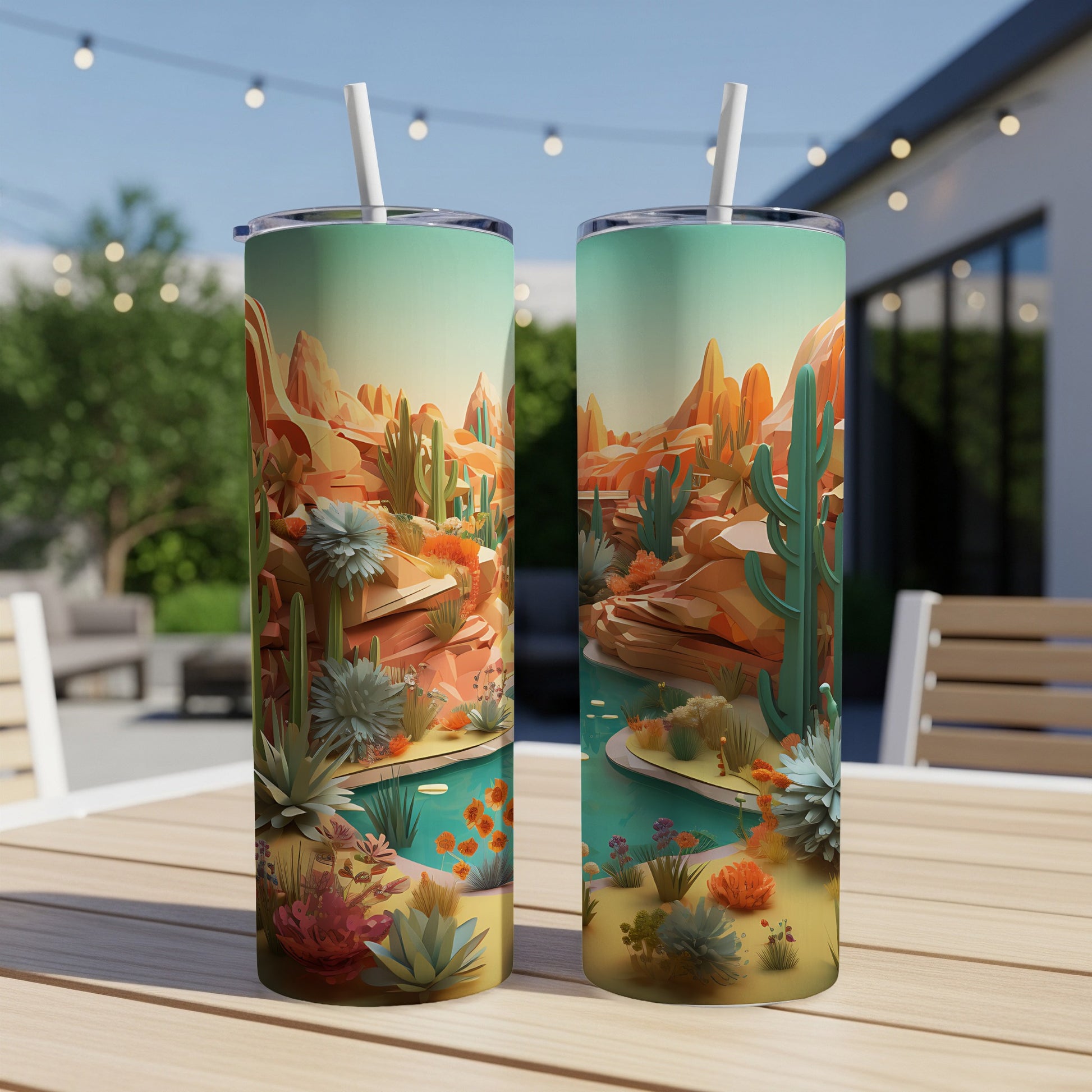 Two desert landscape tumblers with straws on a table.