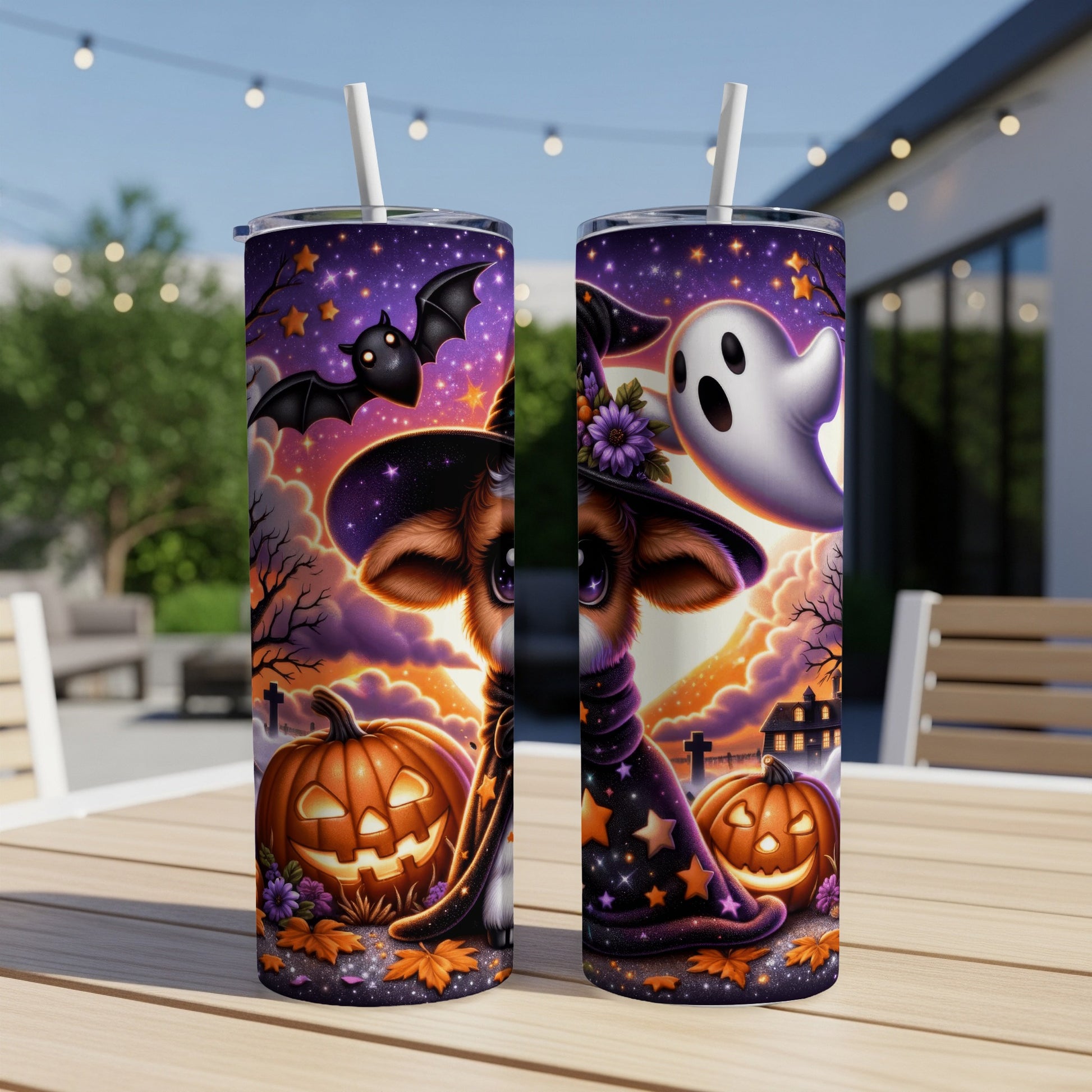 Two Halloween-themed tumblers featuring a witch dog, pumpkins, bats, and ghosts.