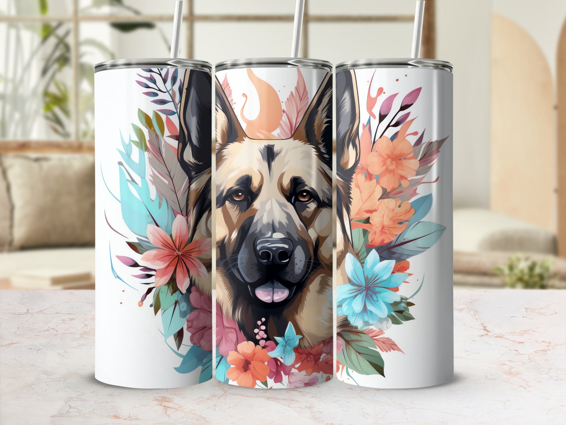 German Shepherd Dog Portrait Floral Tumbler Vibrant Art product type
German Shepherd
Dog lover gift
Pet owner
Animal print
Floral design
Nature inspired
Vibrant colors
Tumbler wrap
Drinkware accessory
Custom tumbler
Dog art
German Shepherd gift
Dog breed
Canine design
Abstract flowers
Leafy pattern
Beverage container
Portable cup
Unique gift
Decorative tumbler