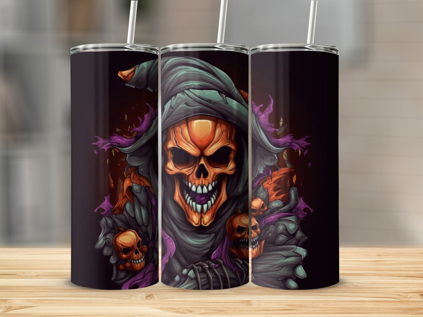 Three tumblers featuring a grim reaper skeleton with pumpkins and skulls.