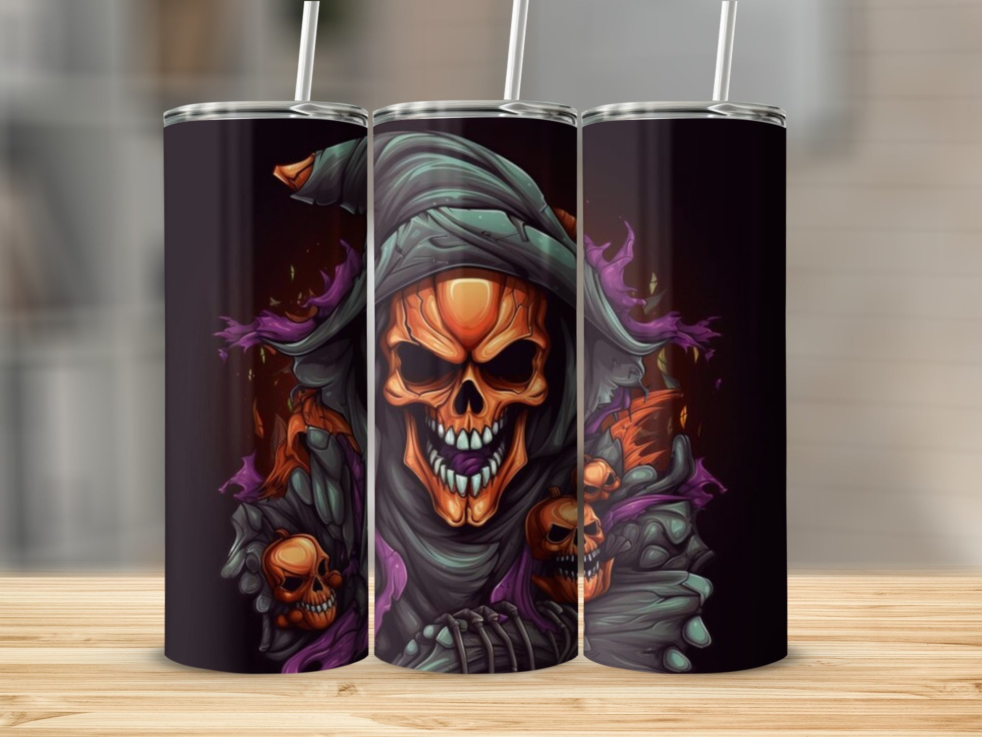 Three tumblers featuring a grim reaper skeleton with pumpkins and skulls.